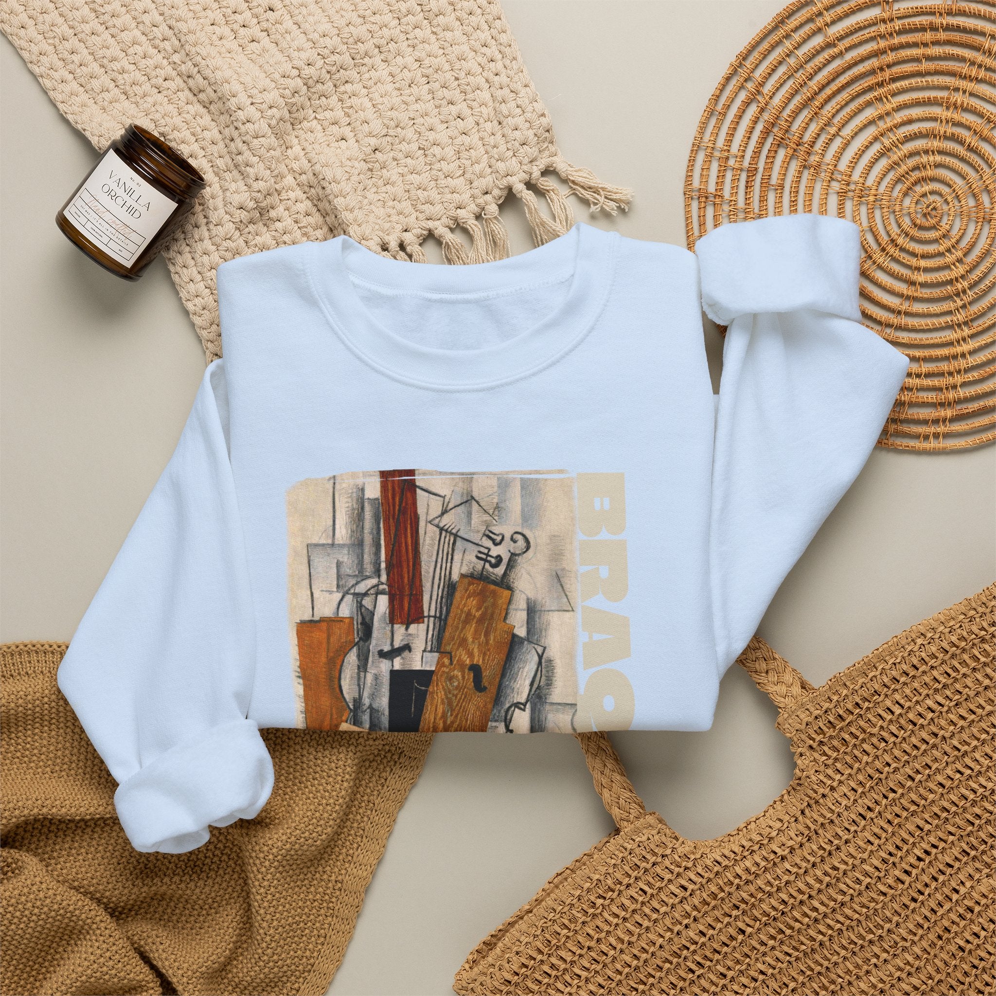 'Braque' Cubist Art print on Crewneck Sweatshirt medium heavy 50/50 cotton poly blend for durability.