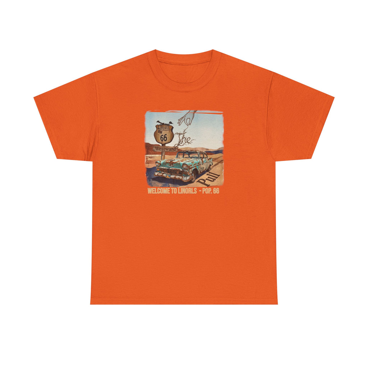 Highway 66 with old car Art print on Unisex Heavy Cotton Tshirt.