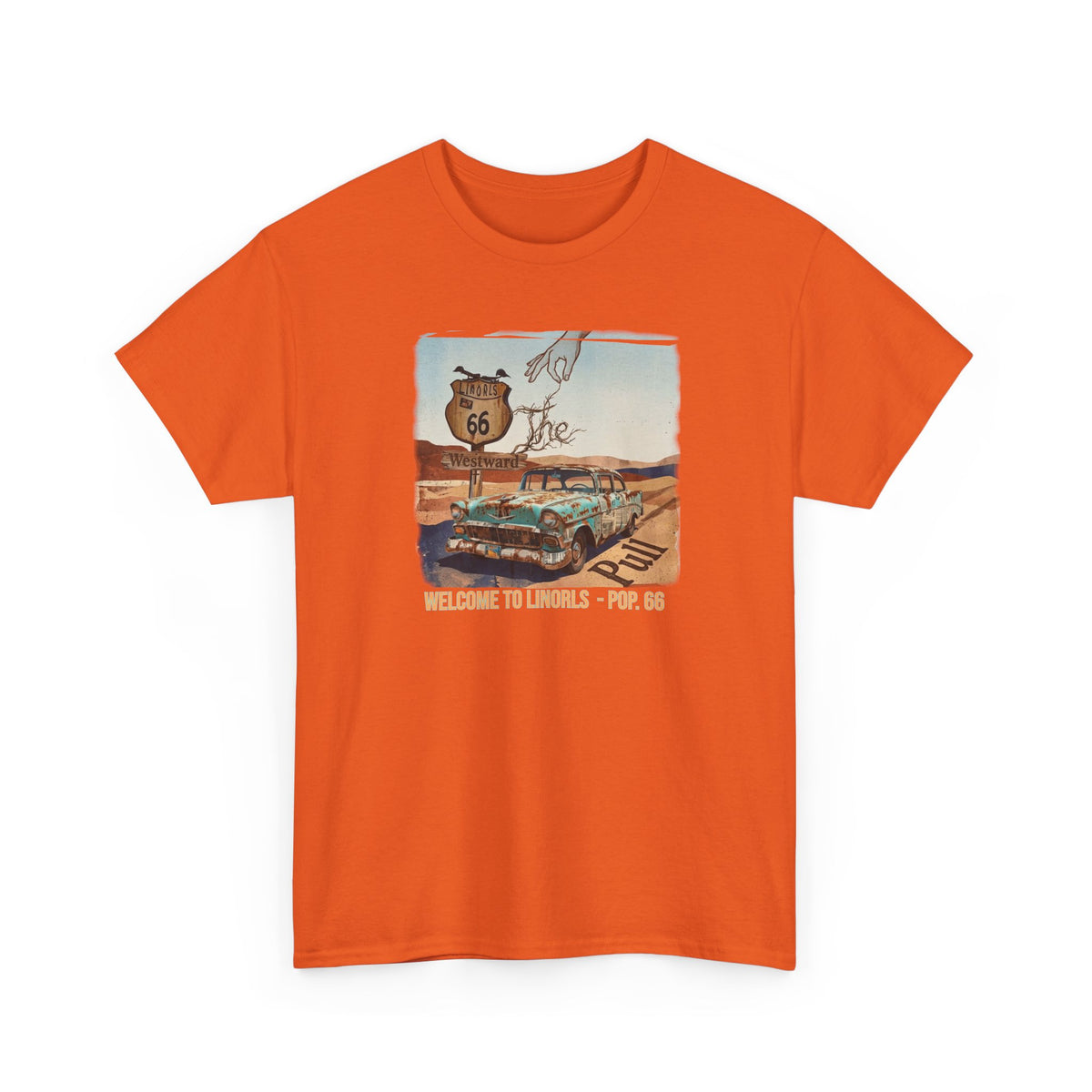 Highway 66 with old car Art print on Unisex Heavy Cotton Tshirt.