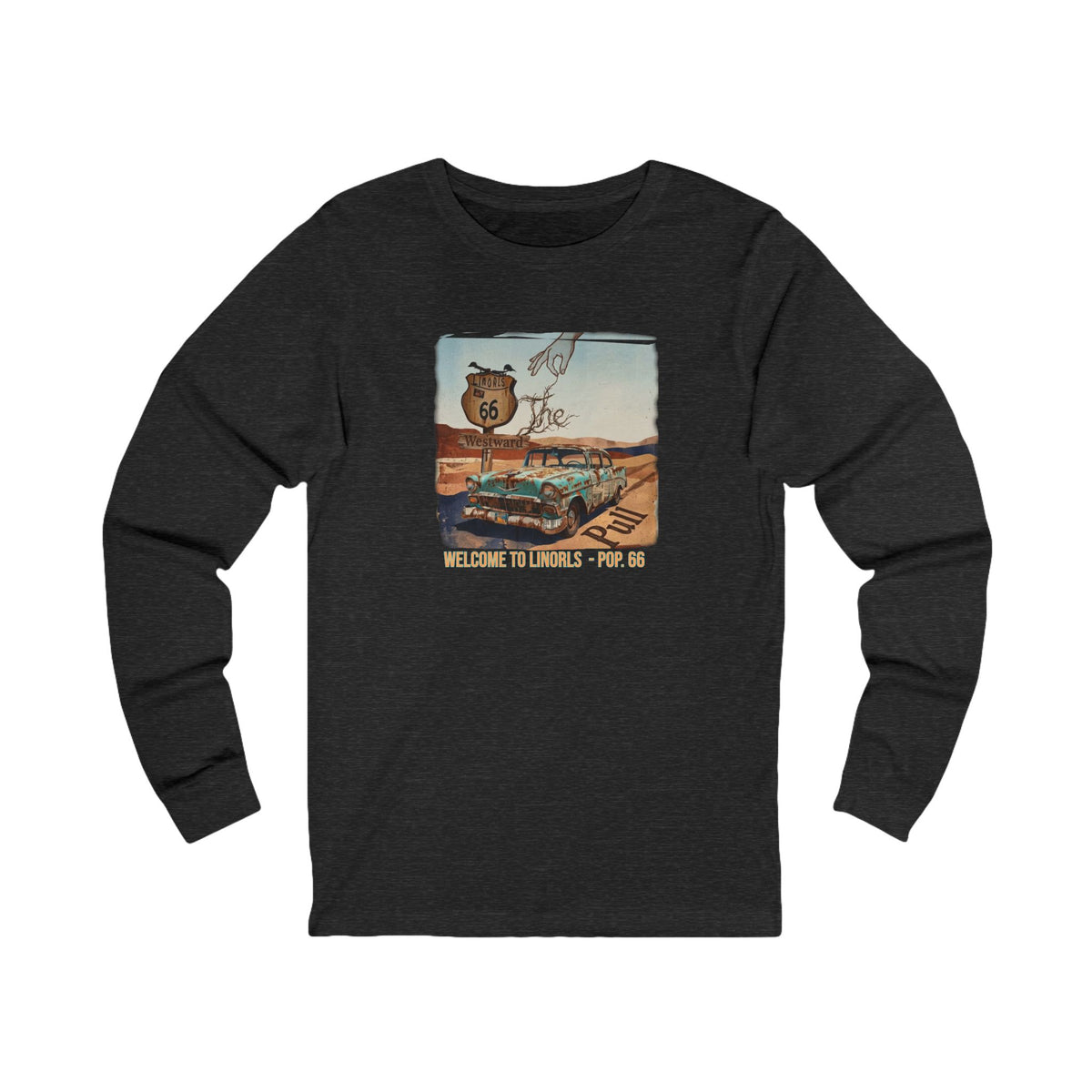 Route 66 Vintage Roadside Long Sleeve Tee — "Welcome to LINORLS" Graphic Art print on ring spun cotton.