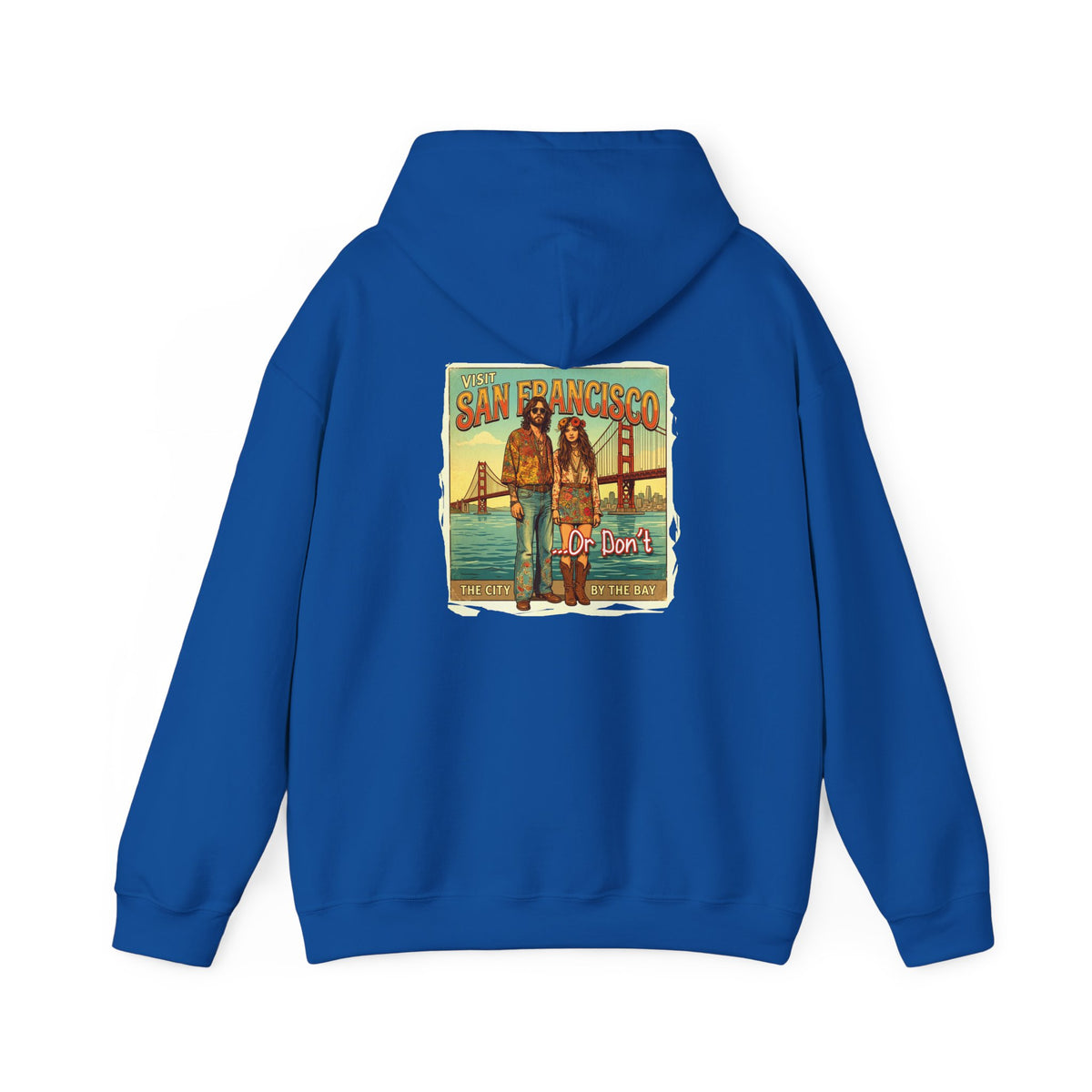 'Visit San Francisco' Retro Travel Art print on the back of cozy cotton blend hoodie.