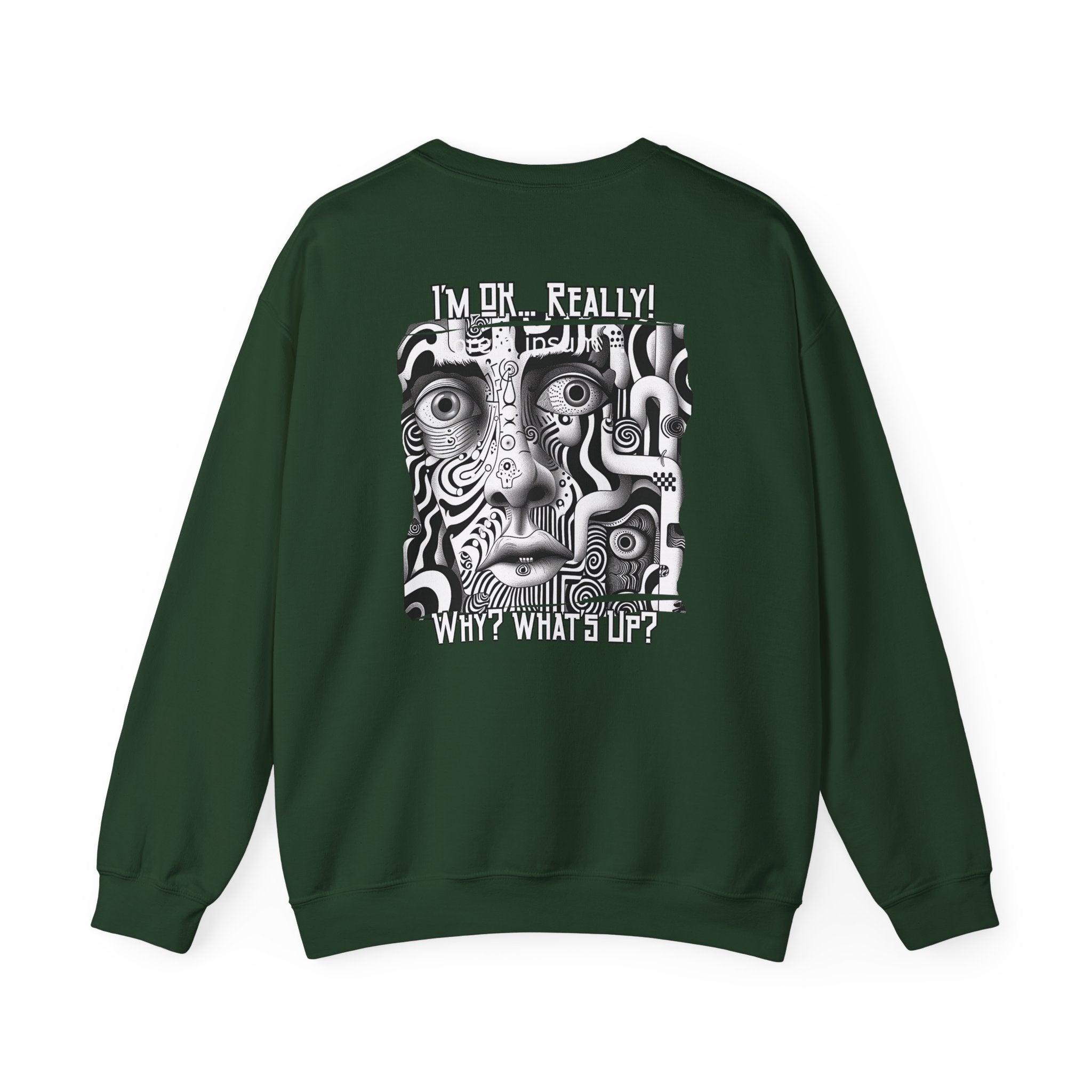 Black and White surreal-abstract face on the back of Crewneck Sweatshirt blend.