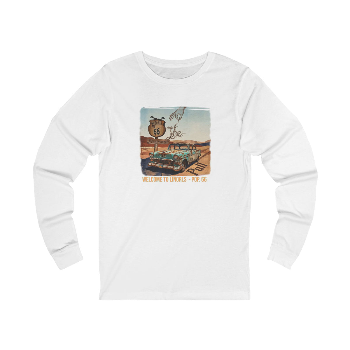 Route 66 Vintage Roadside Long Sleeve Tee — "Welcome to LINORLS" Graphic Art print on ring spun cotton.