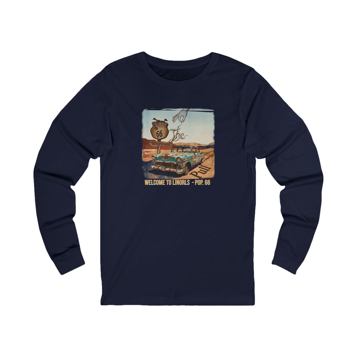 Route 66 Vintage Roadside Long Sleeve Tee — "Welcome to LINORLS" Graphic Art print on ring spun cotton.
