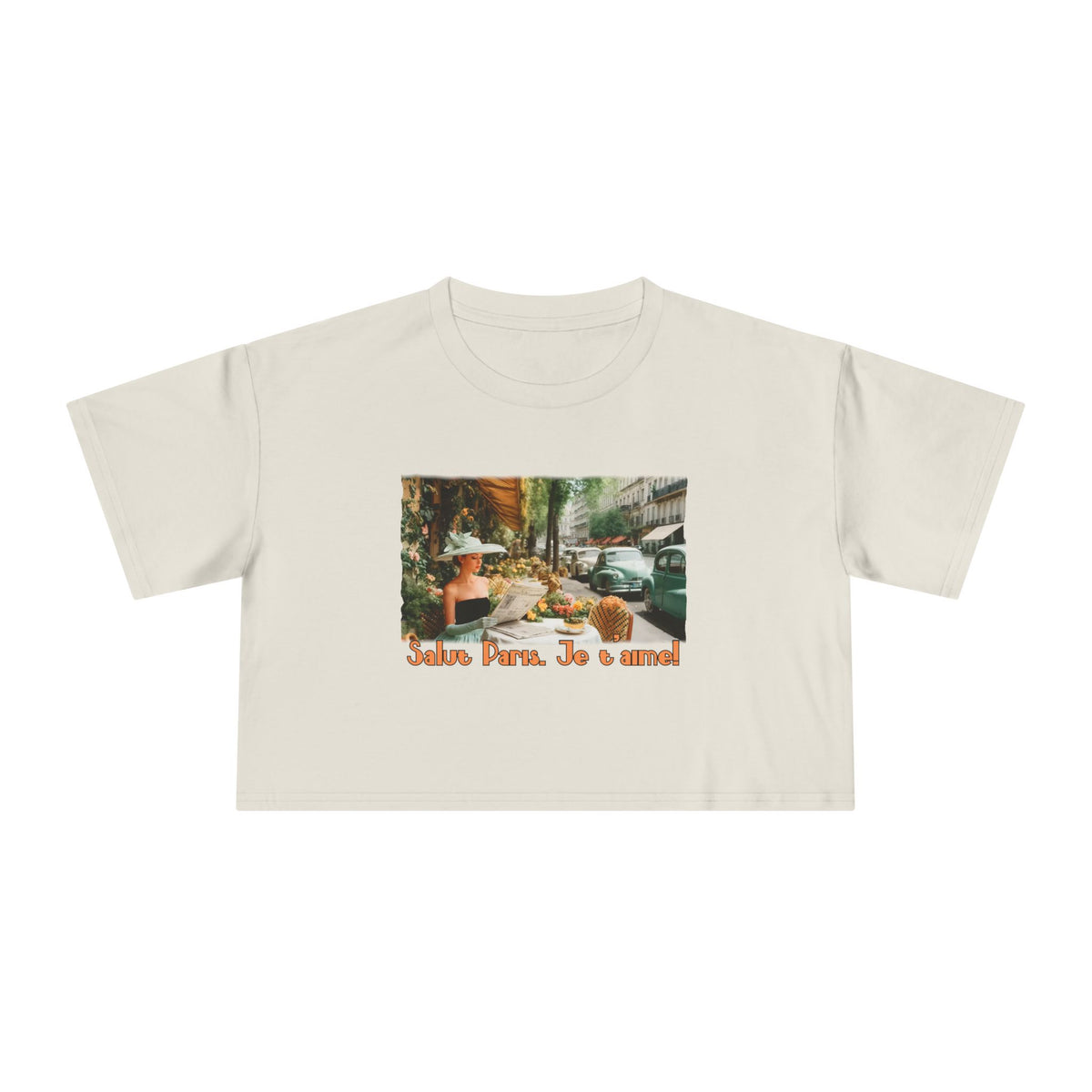 T-shirt court Vintage Paris Café – Imprimé d'art « Salut Paris, Je t'aime ».