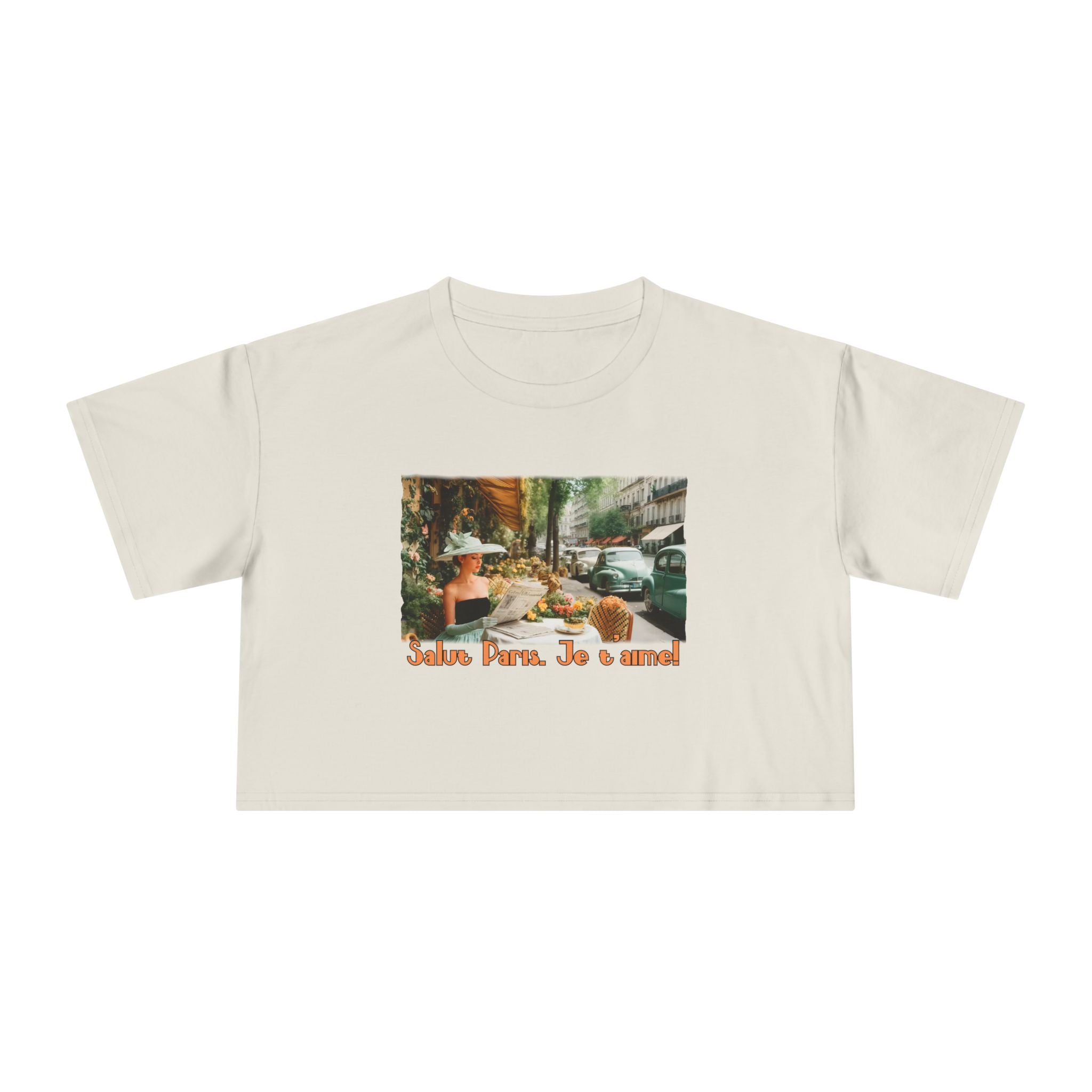 Paris Café Vintage Crop Tee – 'Salut Paris, Je t'aime' Art print.