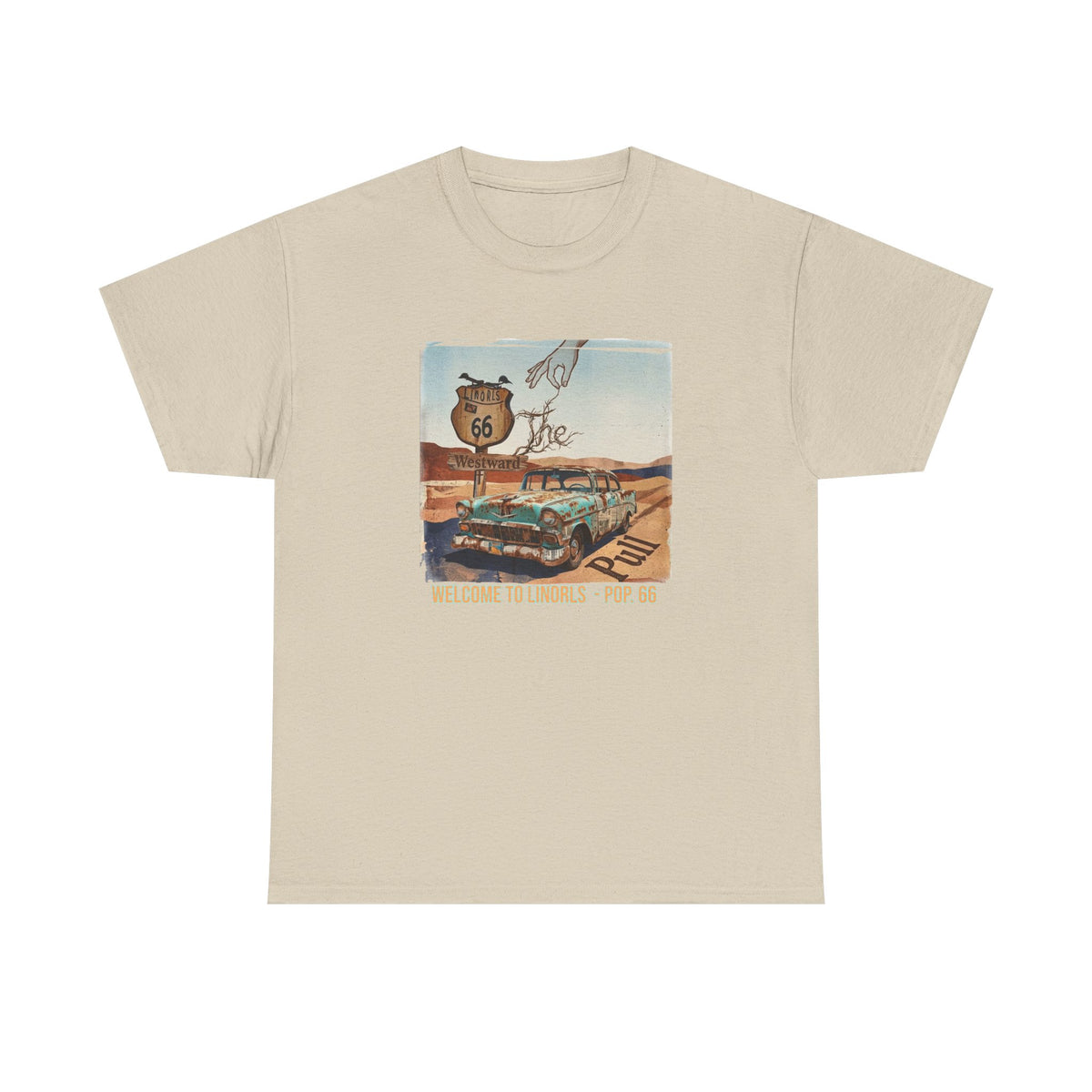 Route 66 Vintage Road Trip T‑Shirt — "Welcome to the Desert - Pop. 66" Art print