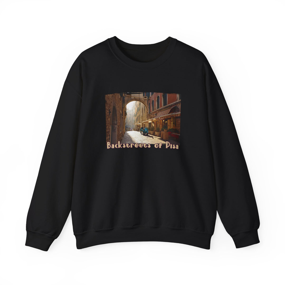 Backstreets of Pisa on Crewneck Sweatshirt — 50/50 blend  makes easy care .Tuscany Ar print