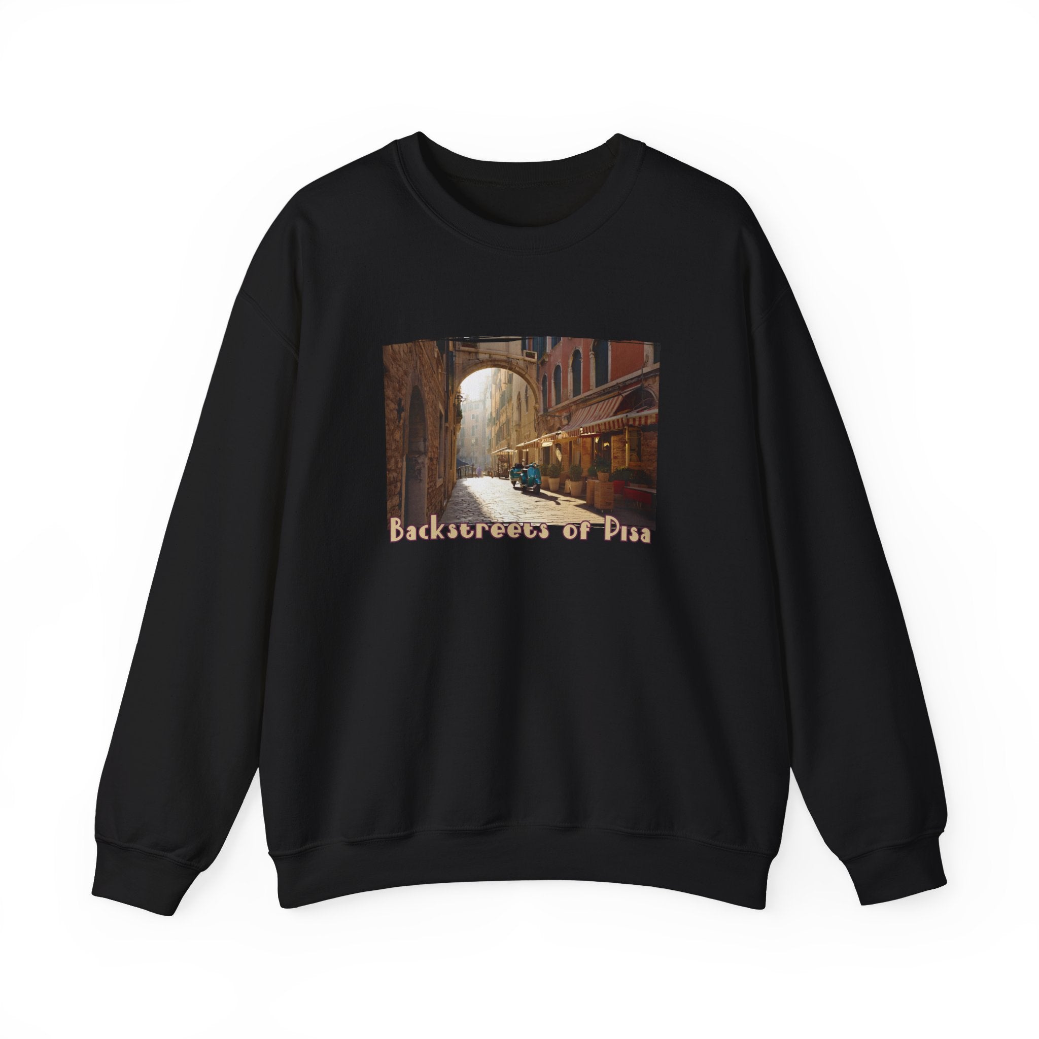 Backstreets of Pisa on Crewneck Sweatshirt — 50/50 blend  makes easy care .Tuscany Ar print