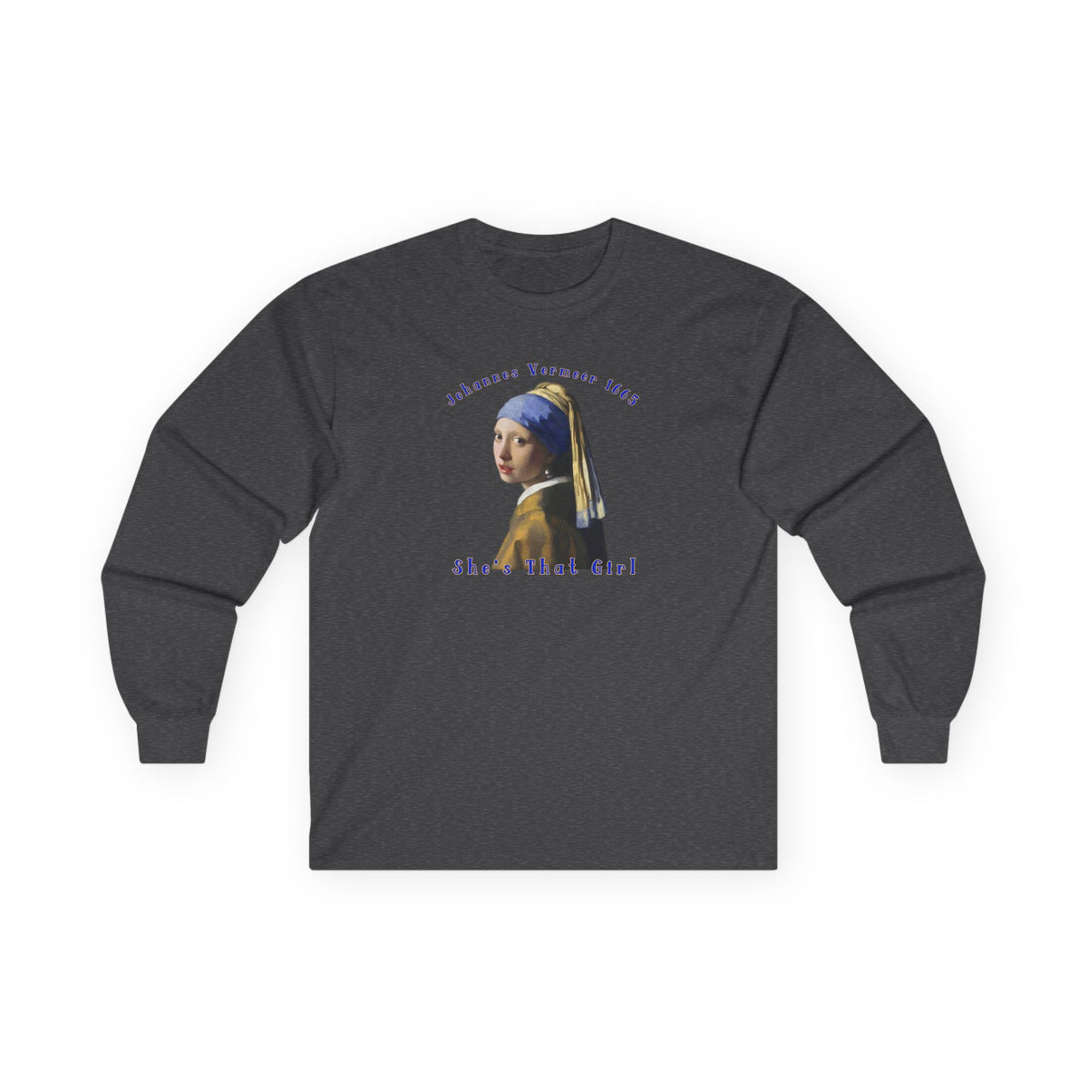 T-shirt à manches longues en coton épais et de poids moyen, avec l'estampe La Jeune Fille à la perle de Johannes Vermeer