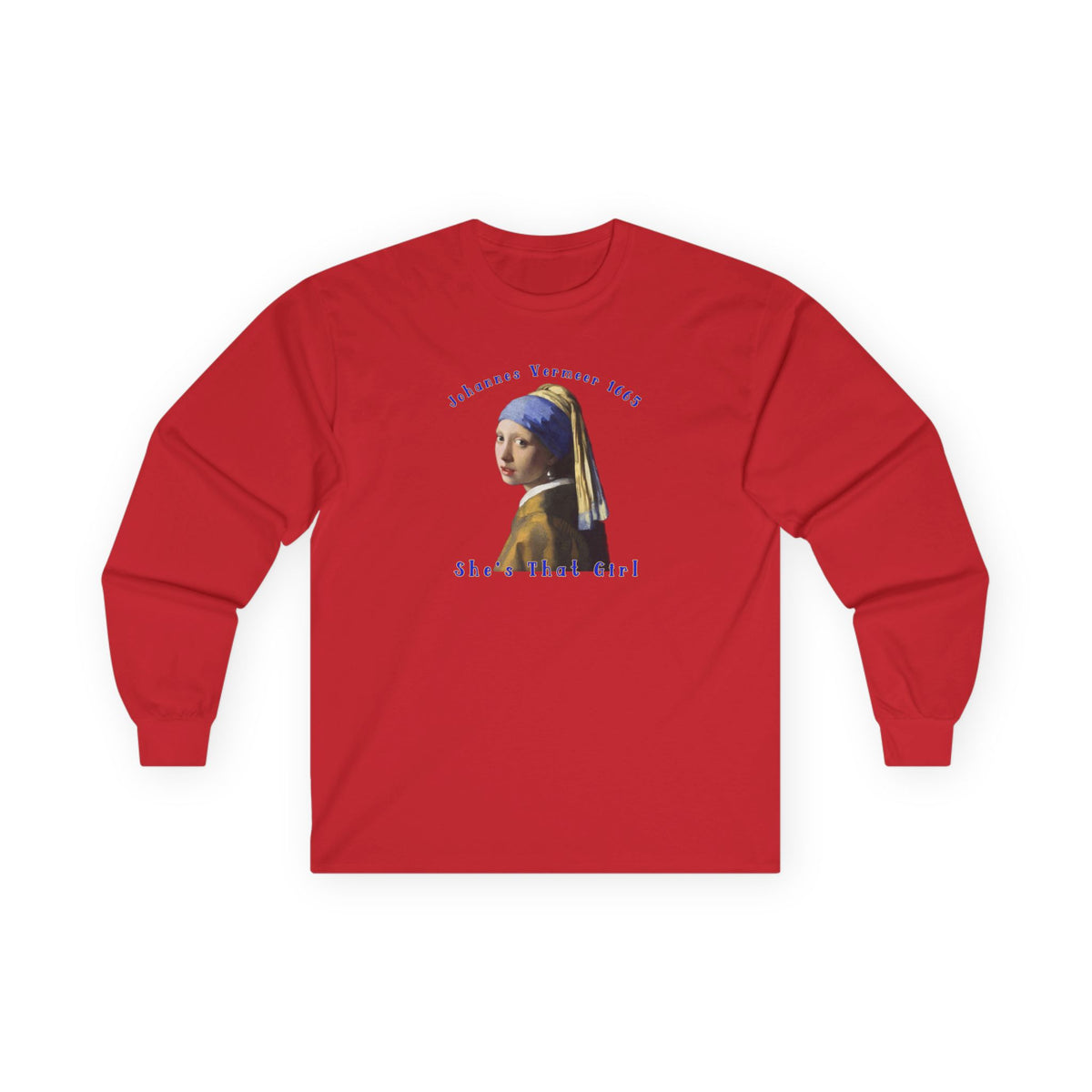 T-shirt à manches longues en coton épais et de poids moyen, avec l'estampe La Jeune Fille à la perle de Johannes Vermeer