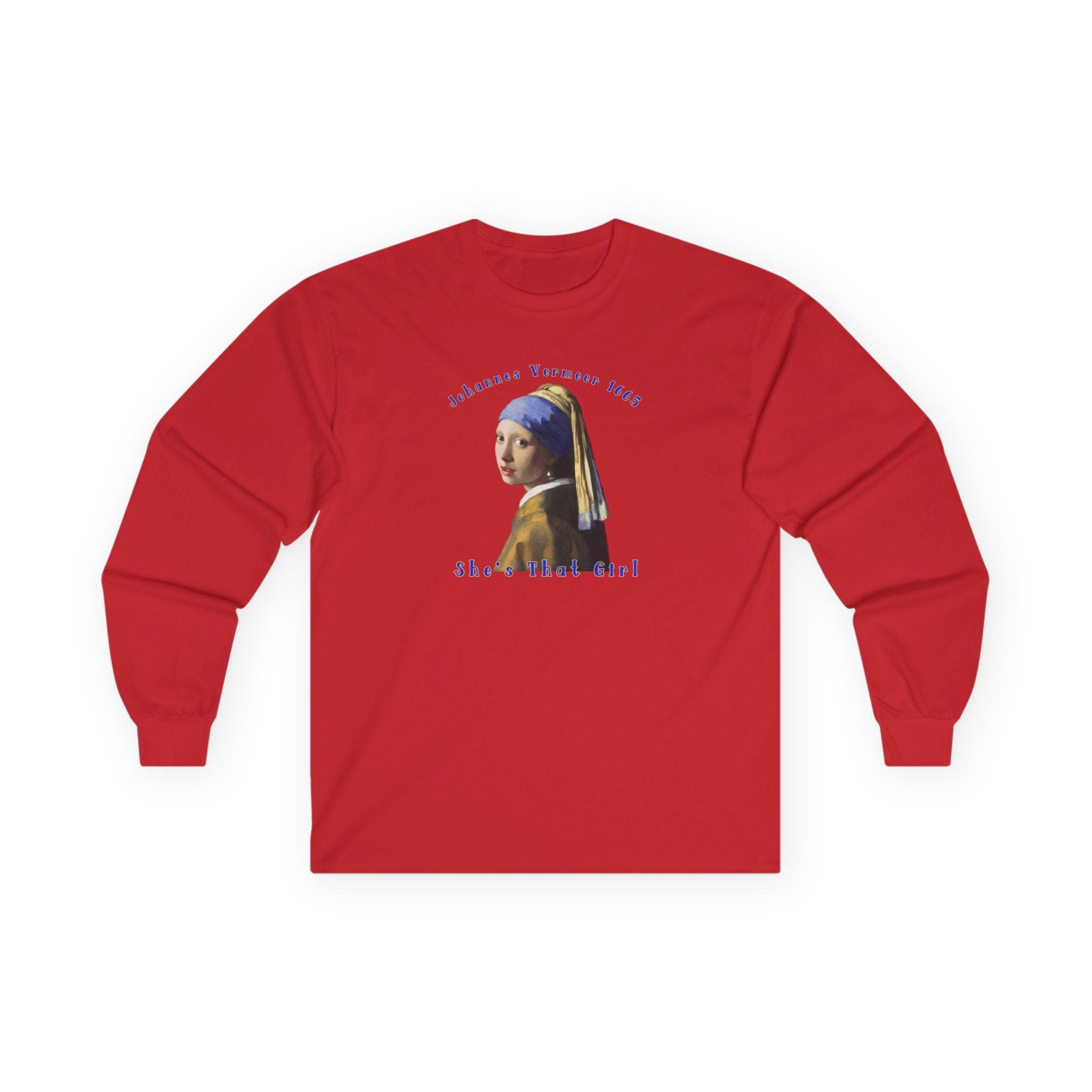 Girl with the pearl Earring Art print  by Johannes Vermeer on thick feel cotton, medium weight Long Sleeve Tee