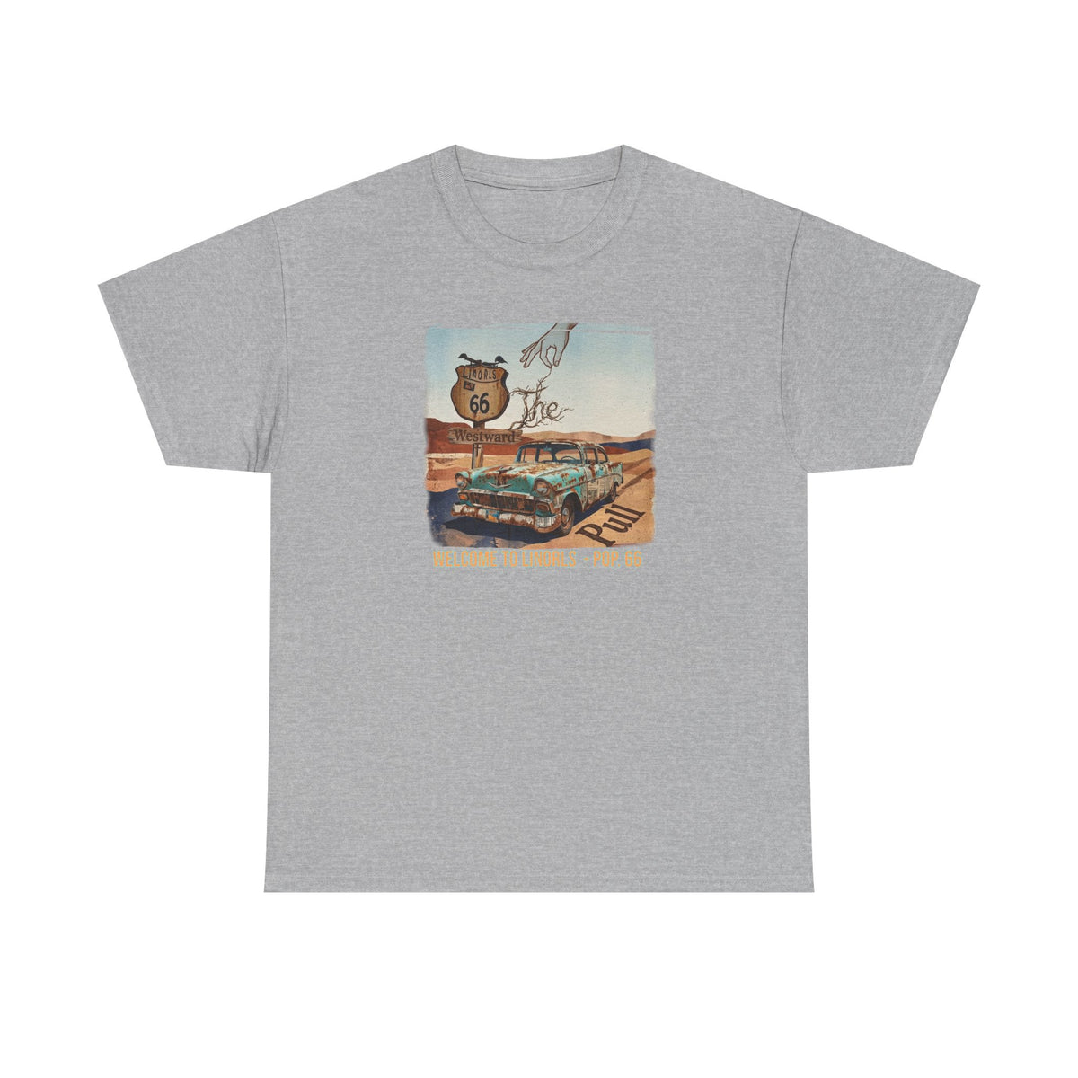 Highway 66 with old car Art print on Unisex Heavy Cotton Tshirt.