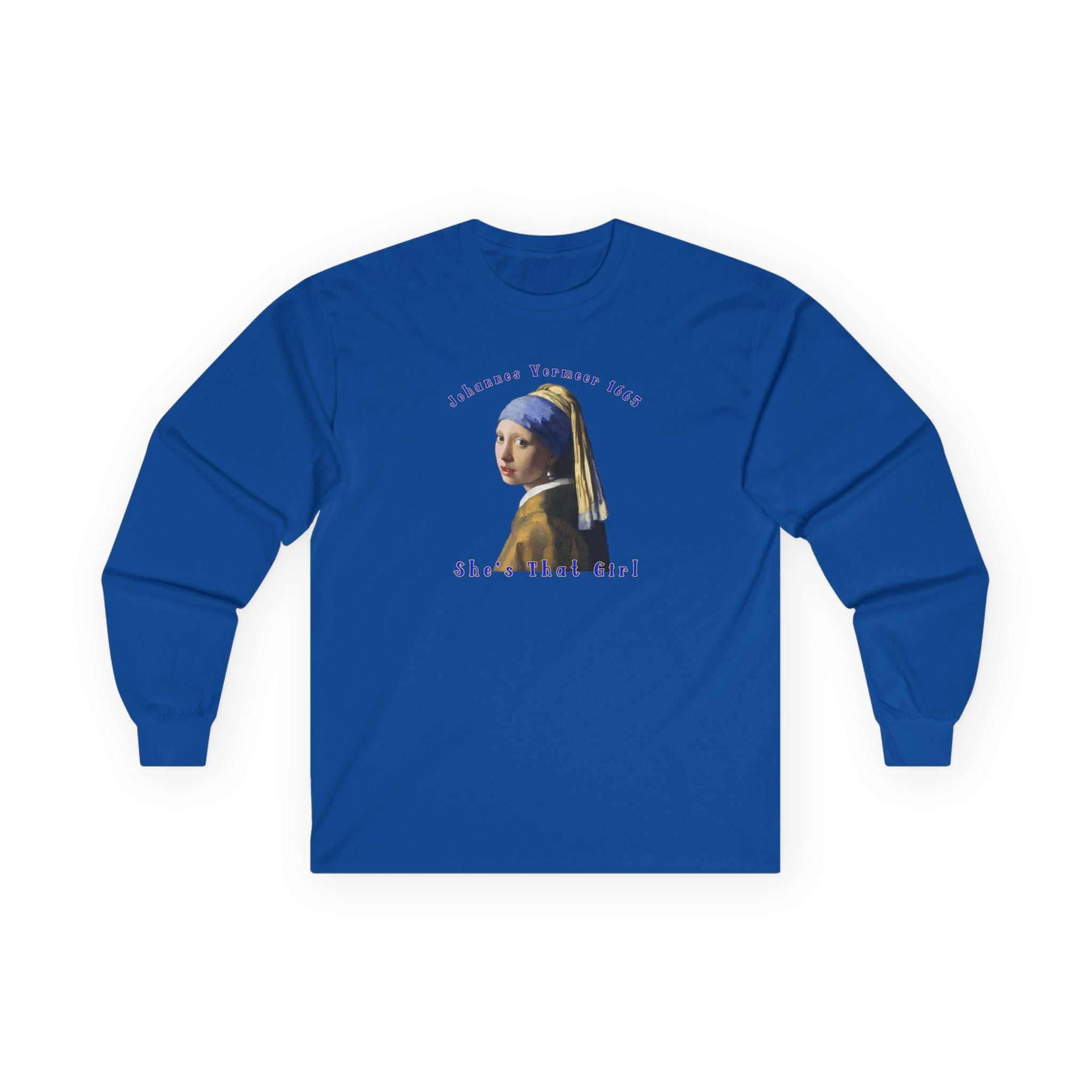 Thick feel cotton, medium weight Long Sleeve Tee — Girl with the pearl Earring Art print.