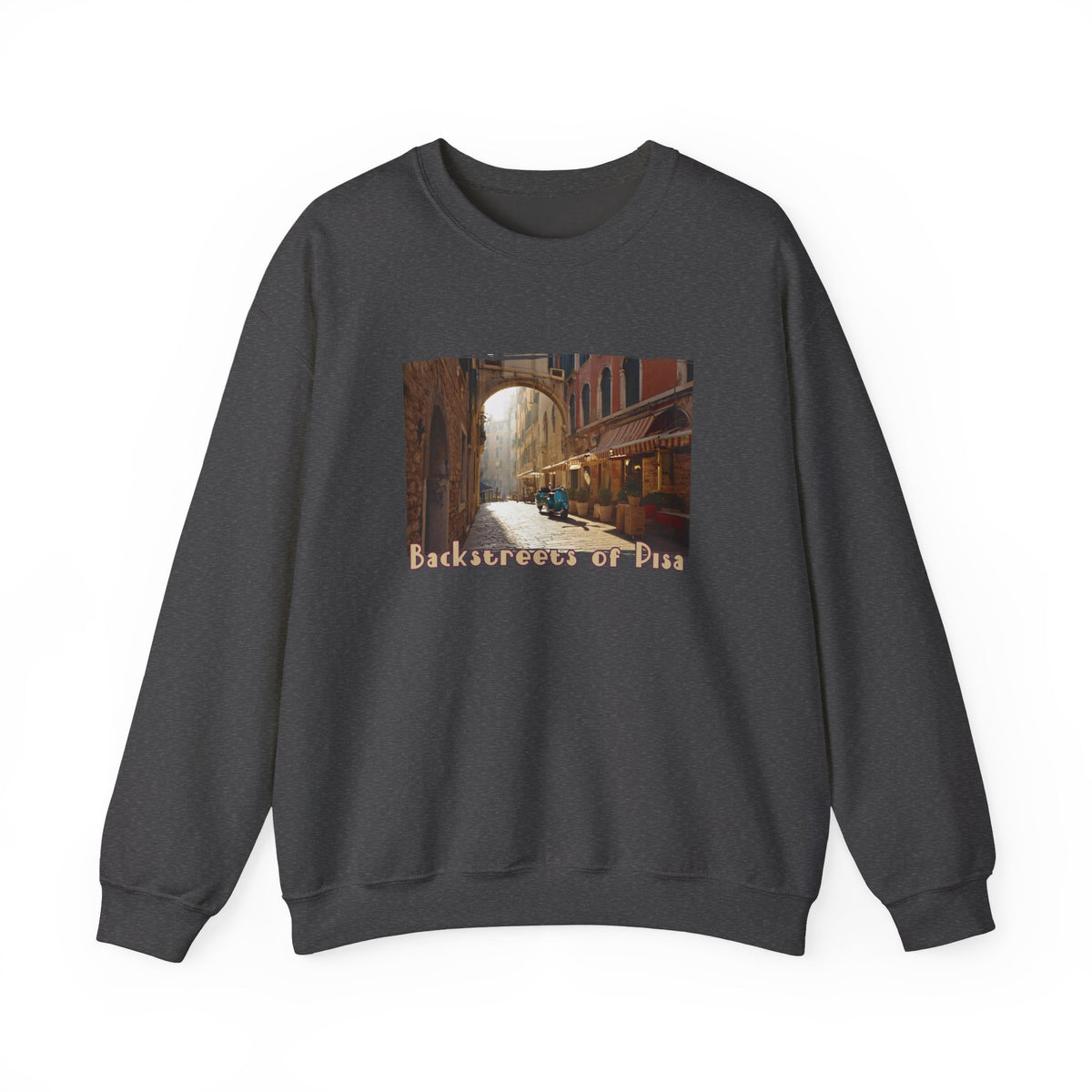 Backstreets of Pisa on Crewneck Sweatshirt — 50/50 blend  makes easy care .Tuscany Ar print