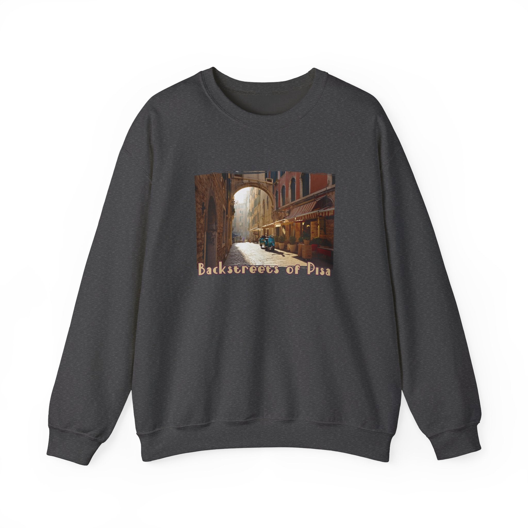 Backstreets of Pisa on Crewneck Sweatshirt — 50/50 blend  makes easy care .Tuscany Ar print