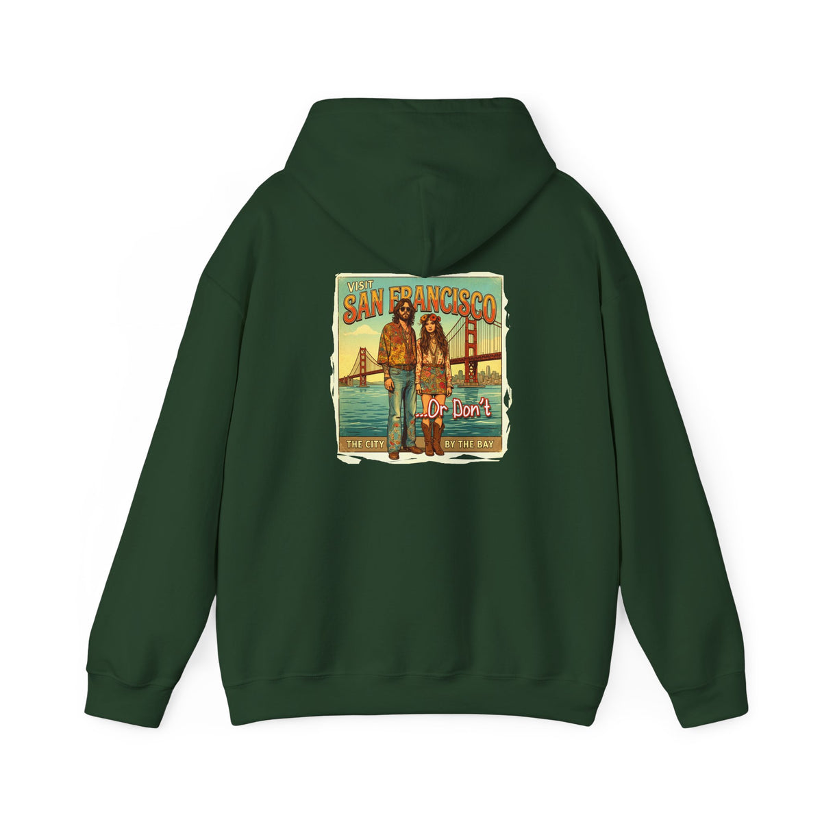 'Visit San Francisco' Retro Travel Art print on the back of cozy cotton blend hoodie.