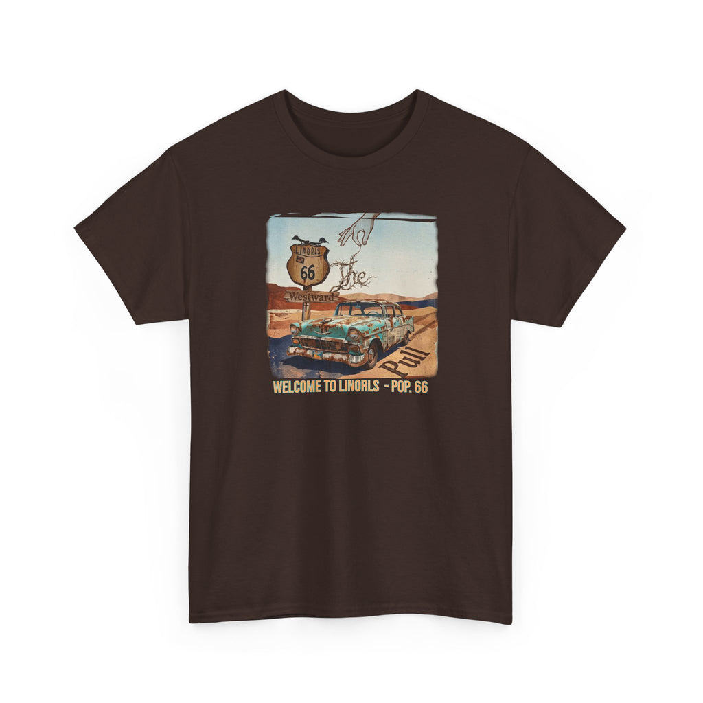 Highway 66 with old car Art print on Unisex Heavy Cotton Tshirt.