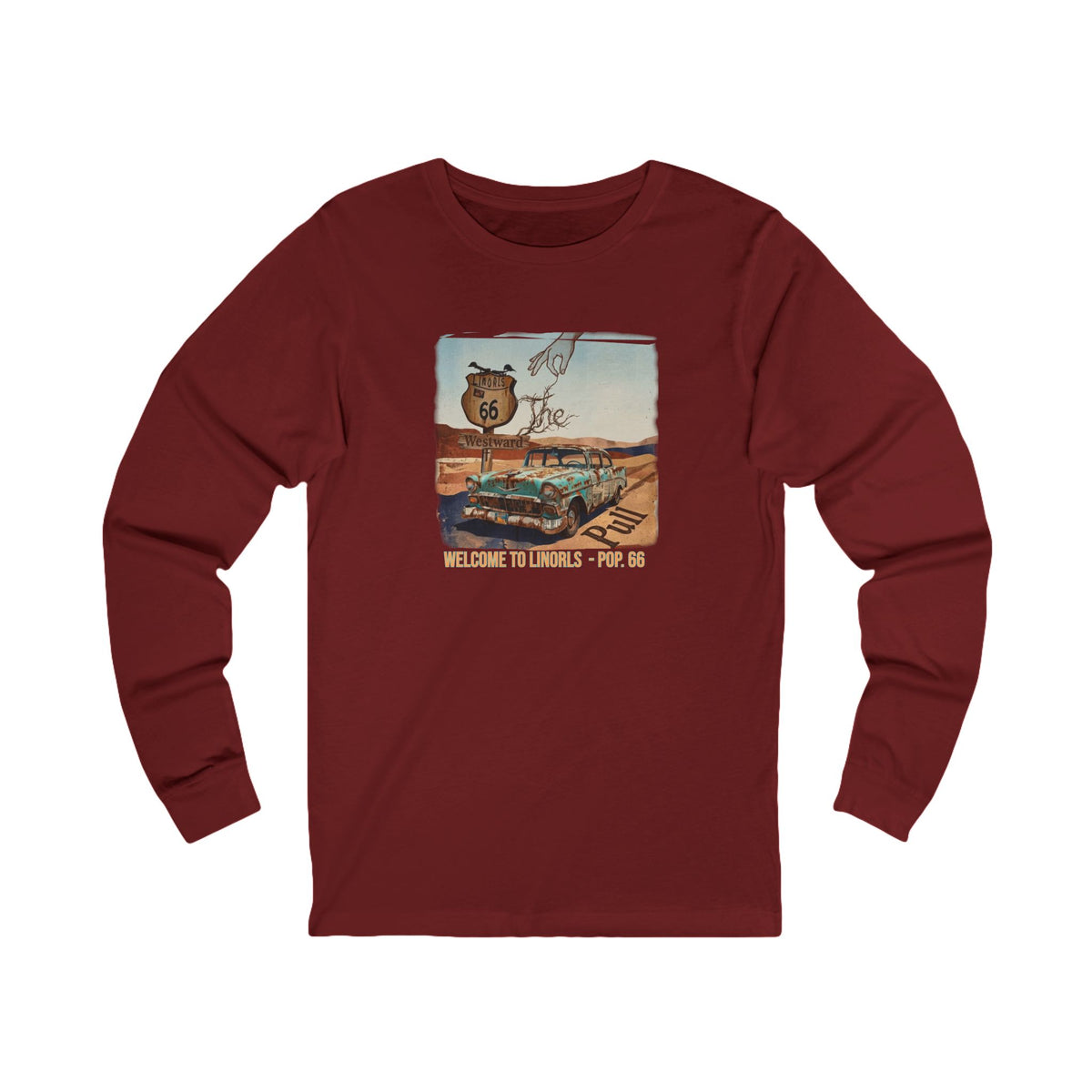 Route 66 Vintage Roadside Long Sleeve Tee — "Welcome to LINORLS" Graphic Art print on ring spun cotton.