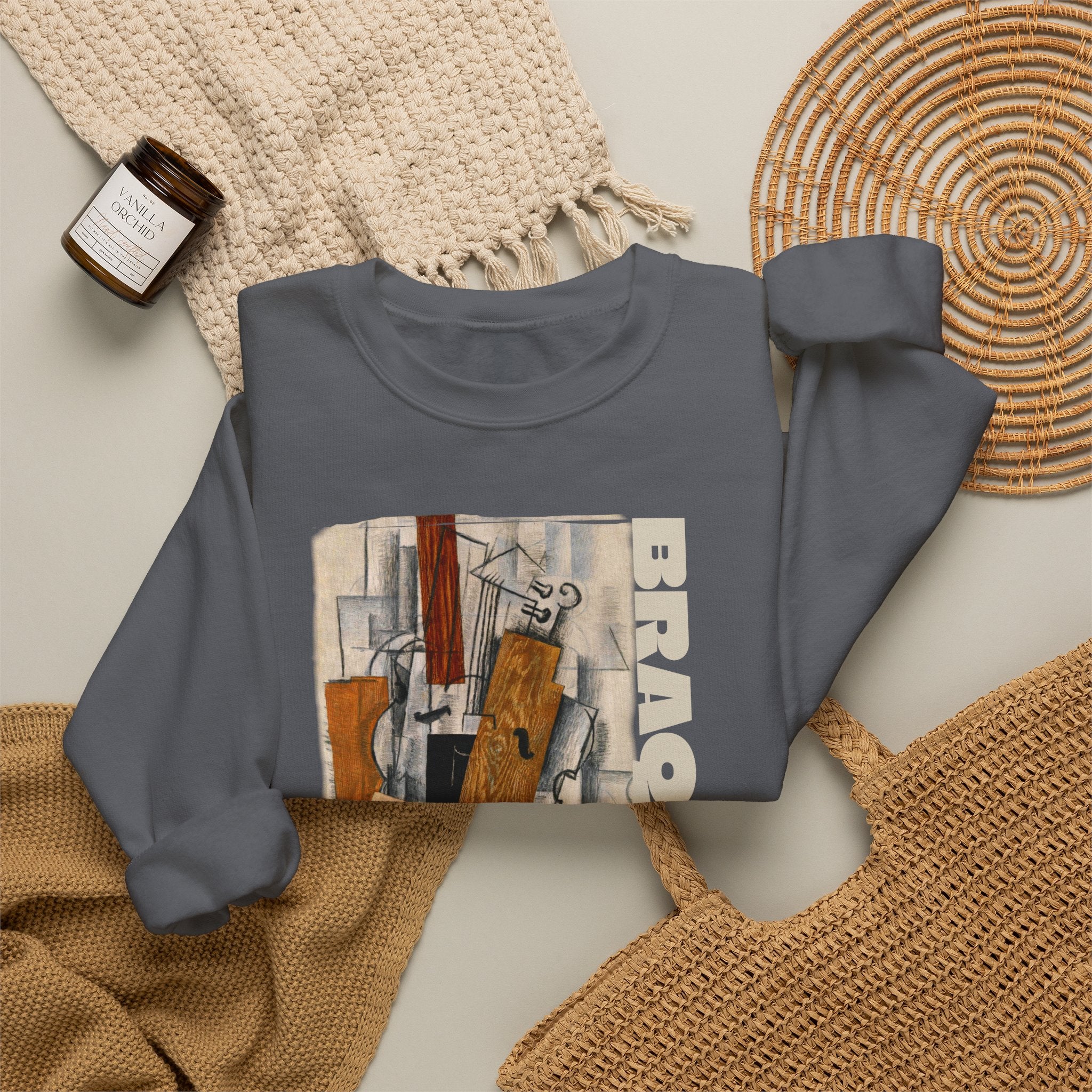 'Braque' Cubist Art print on Crewneck Sweatshirt medium heavy 50/50 cotton poly blend for durability.