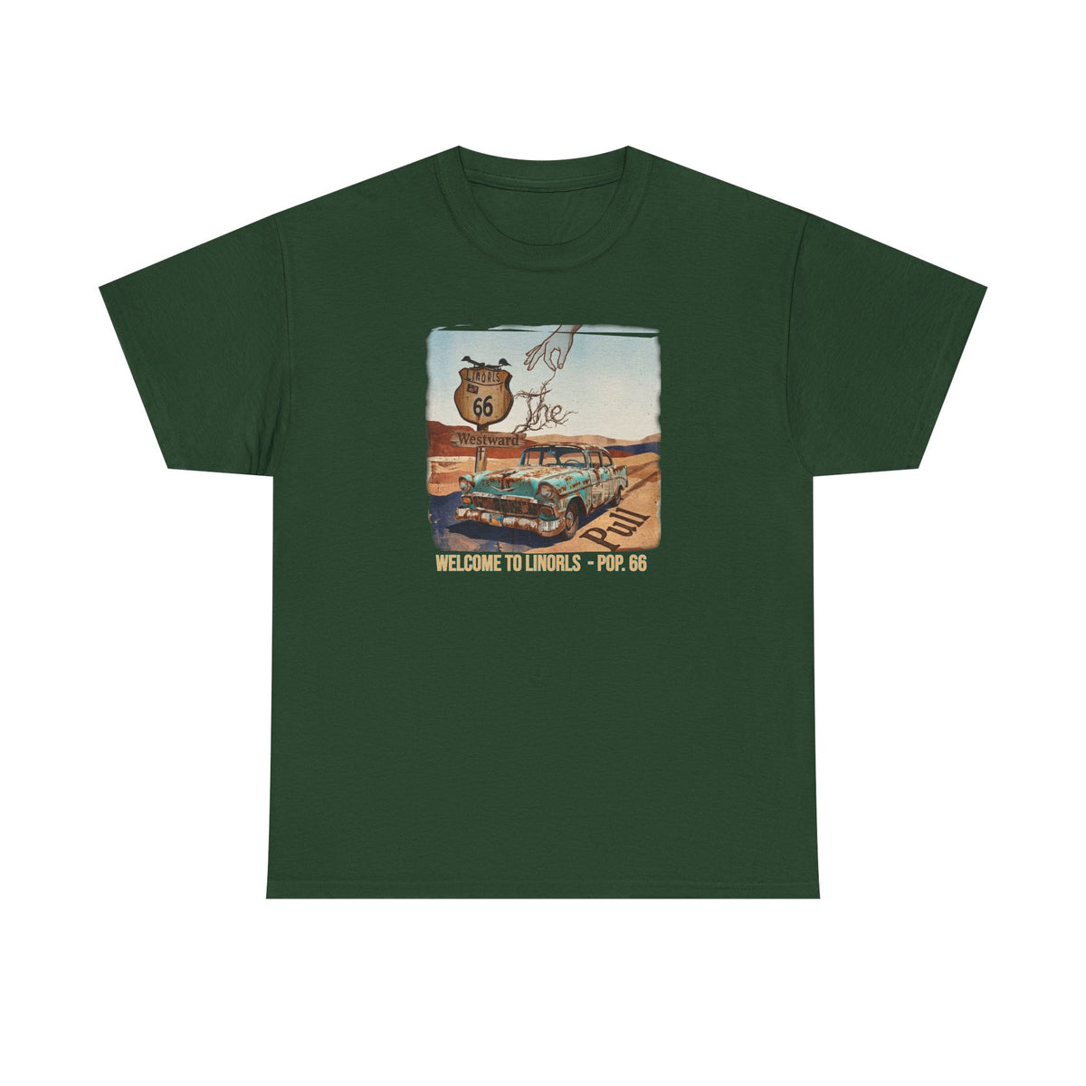 Highway 66 with old car Art print on Unisex Heavy Cotton Tshirt.