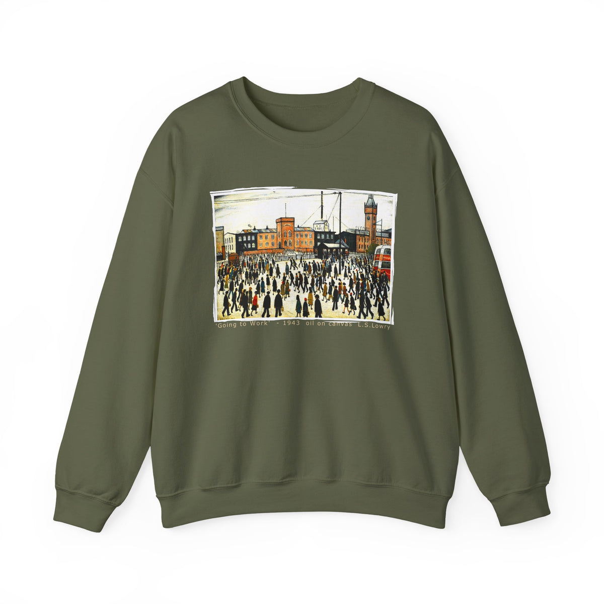 'Going to Work' L S Lowry on medium heavy blend crewneck sweater.