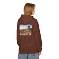 Jesus on Highway 66. Vintage old cars and Road Trip on thee back of 80/20 cotton blend cozy hoodie.