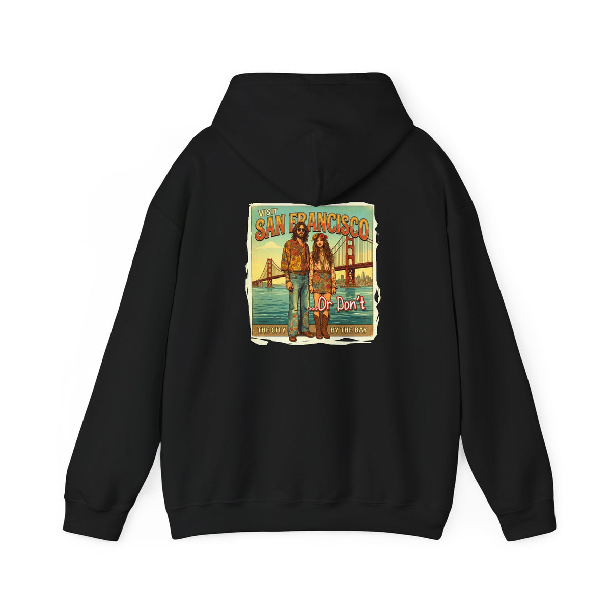 'Visit San Francisco' Retro Travel Art print on the back of cozy cotton blend hoodie.