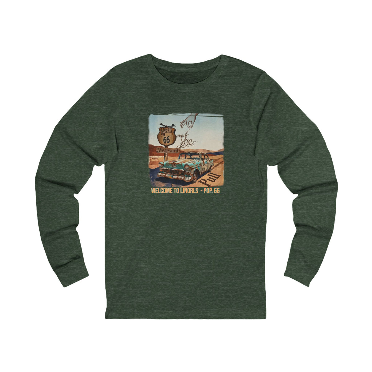 Route 66 Vintage Roadside Long Sleeve Tee — "Welcome to LINORLS" Graphic Art print on ring spun cotton.