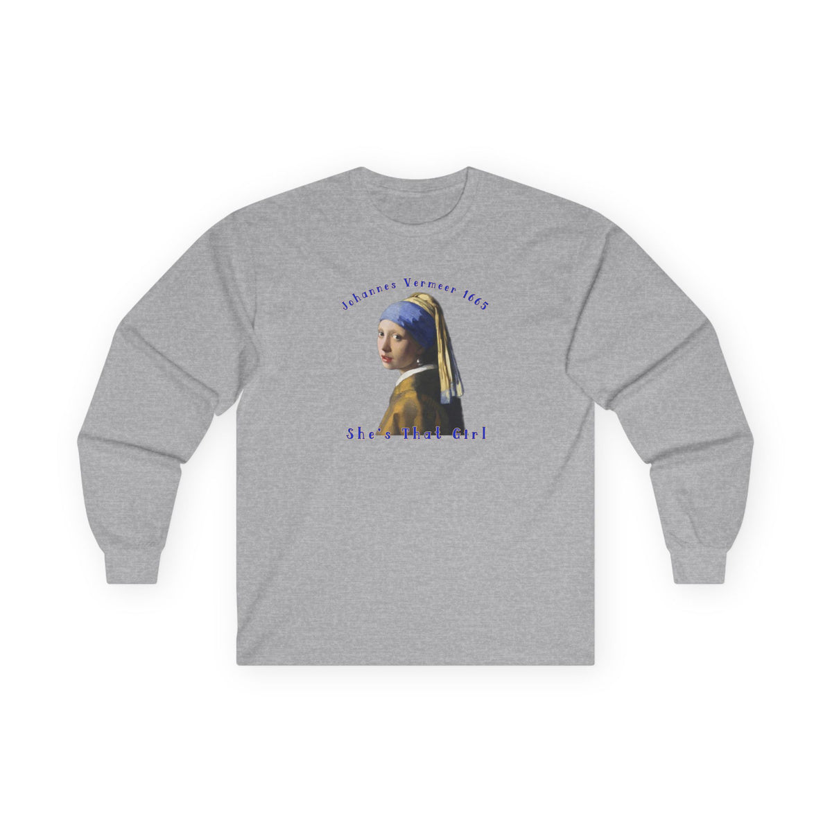 T-shirt à manches longues en coton épais et de poids moyen, avec l'estampe La Jeune Fille à la perle de Johannes Vermeer