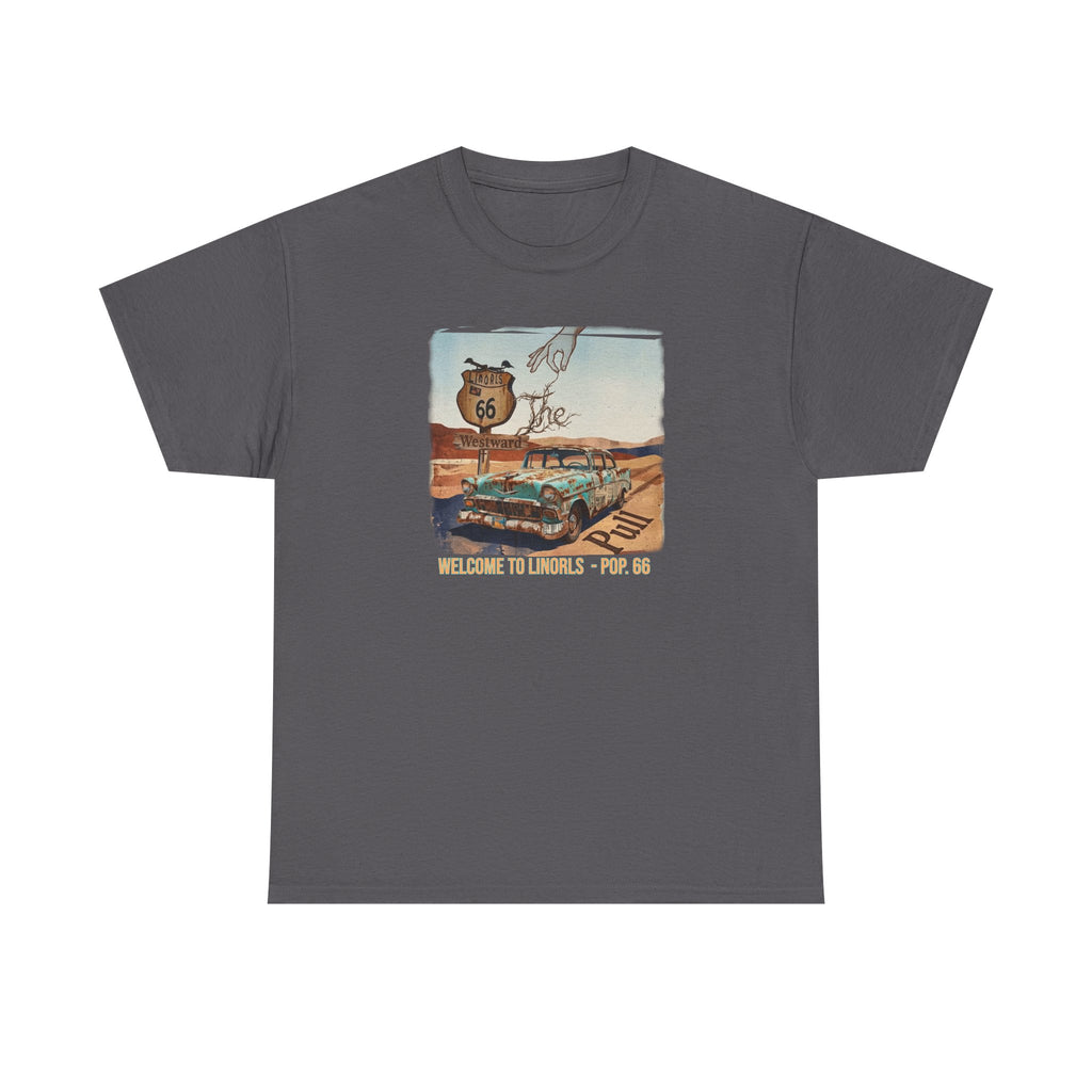Highway 66 with old car Art print on Unisex Heavy Cotton Tshirt.
