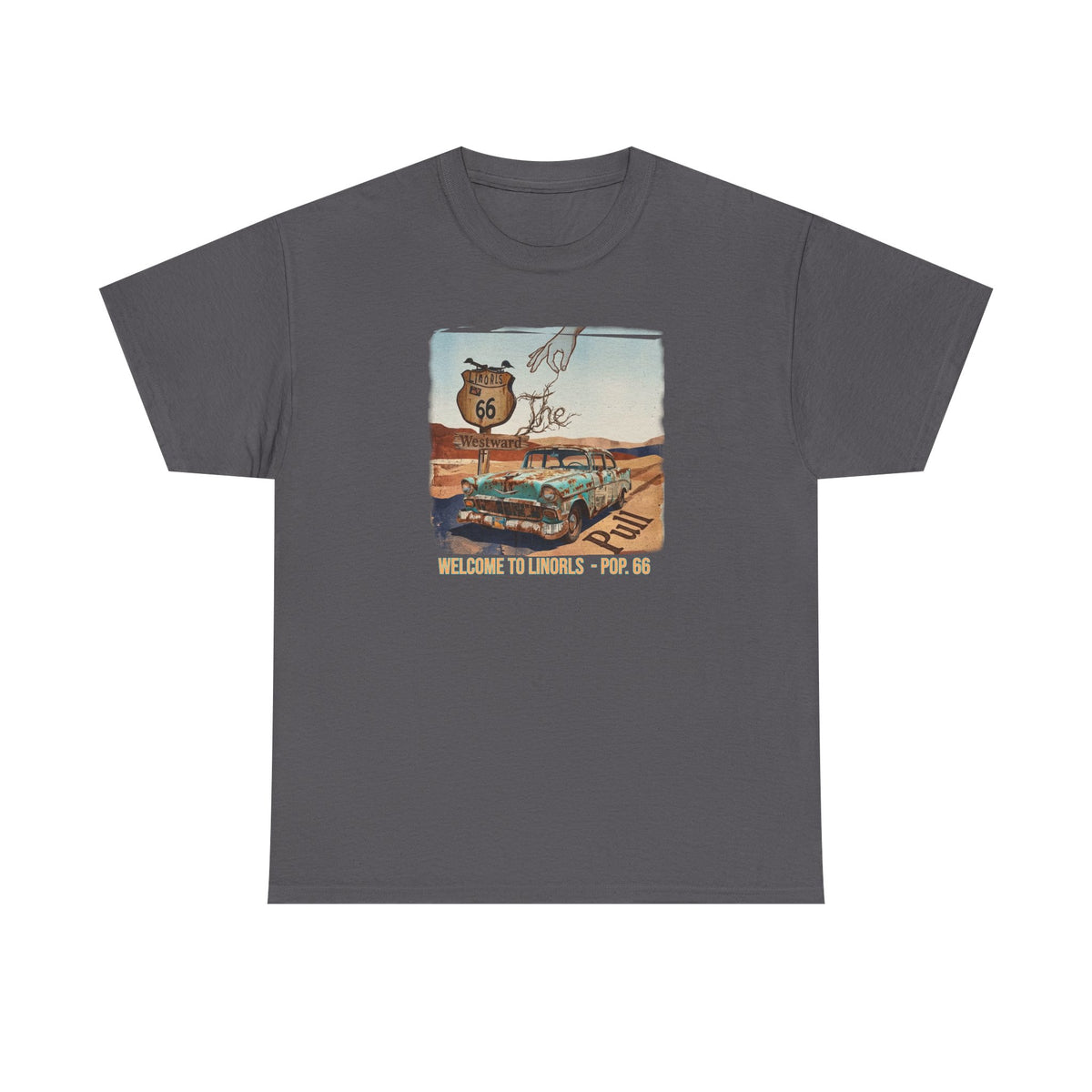 Highway 66 with old car Art print on Unisex Heavy Cotton Tshirt.