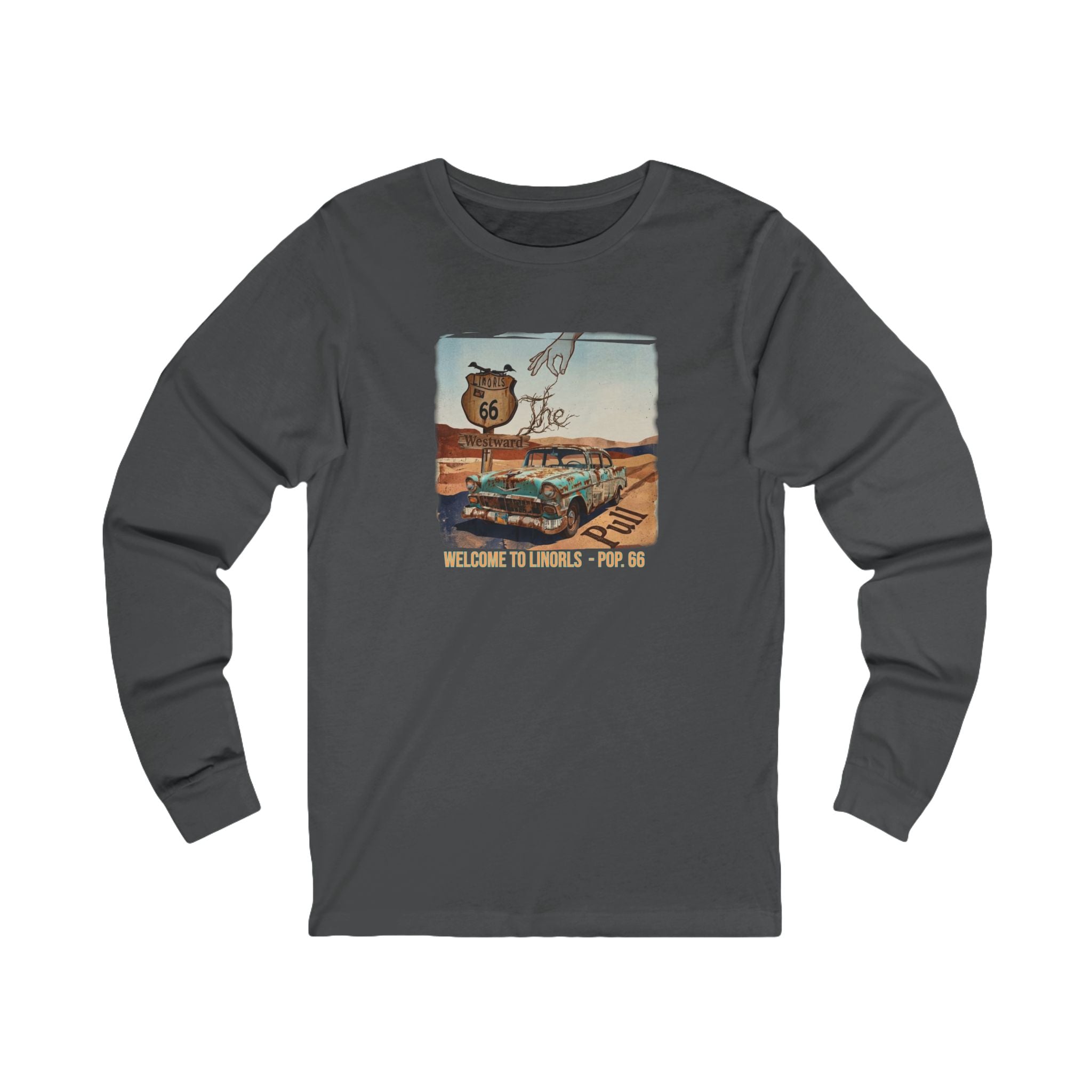 Route 66 Vintage Roadside Long Sleeve Tee — "Welcome to LINORLS" Graphic Art print on ring spun cotton.