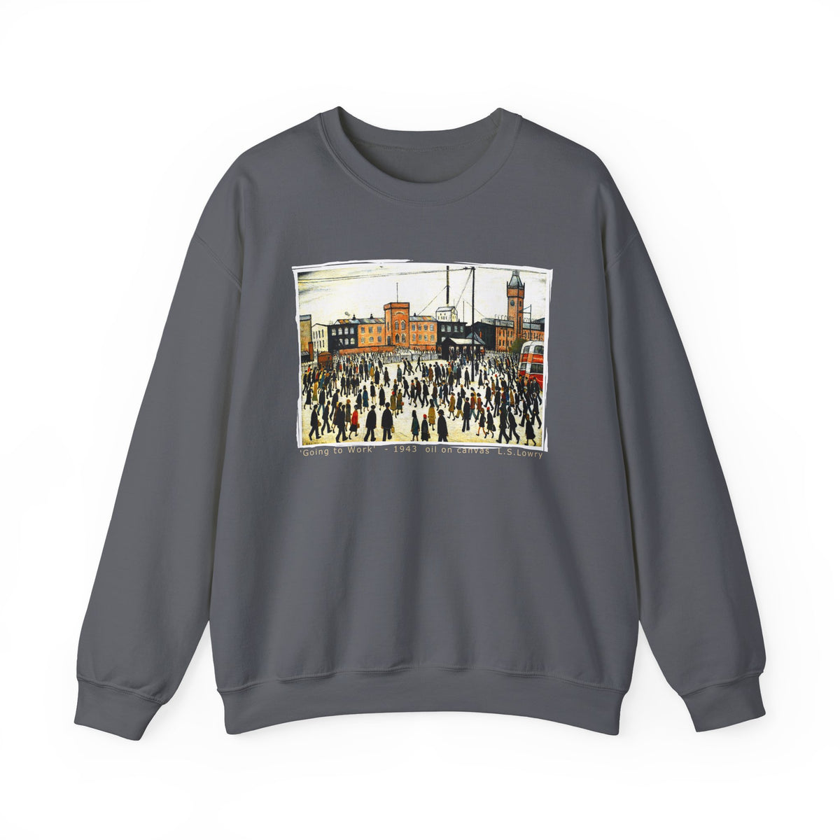 'Going to Work' L S Lowry on medium heavy blend crewneck sweater.