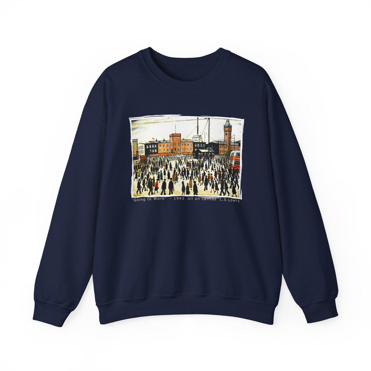 'Going to Work' L S Lowry on medium heavy blend crewneck sweater.