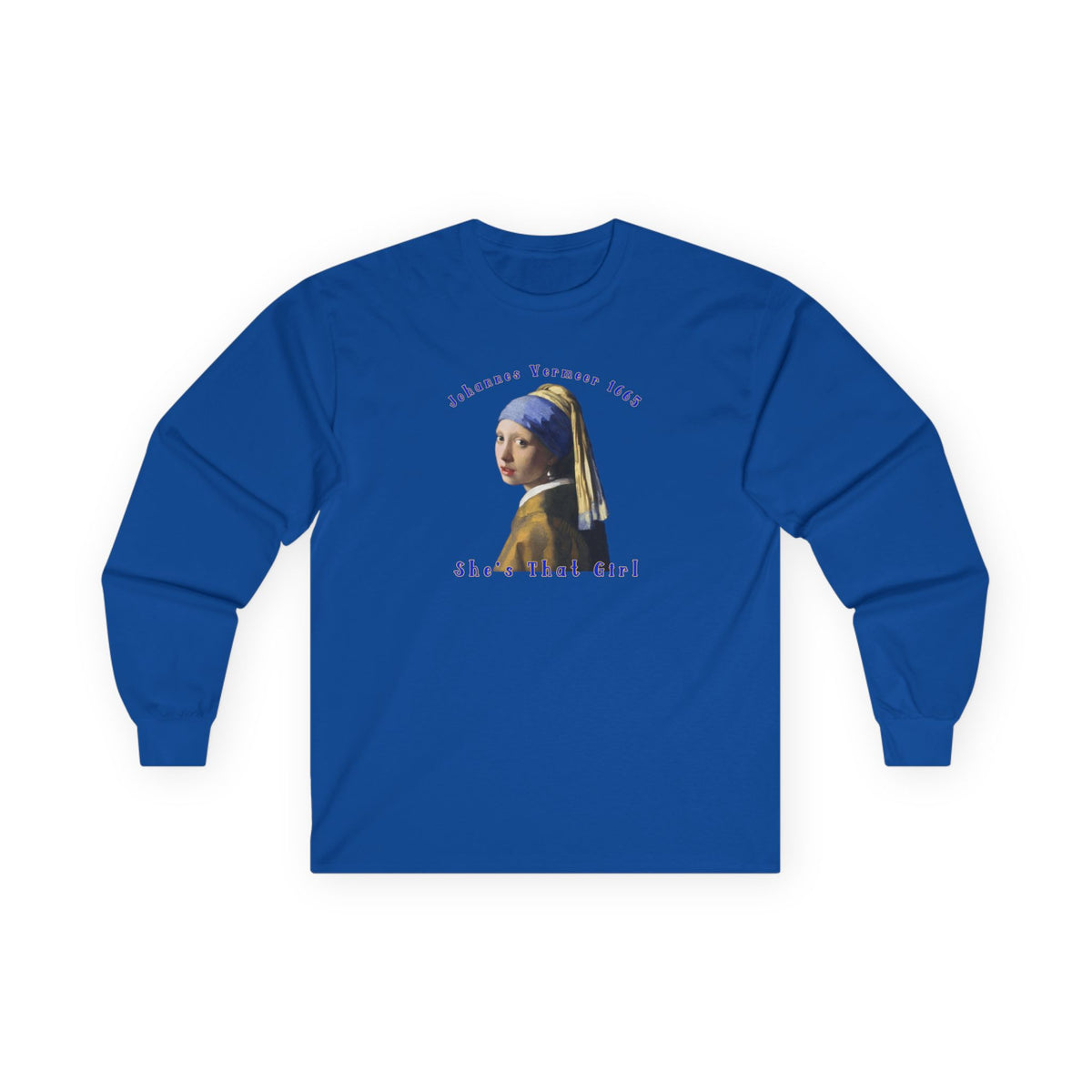 T-shirt à manches longues en coton épais et de poids moyen, avec l'estampe La Jeune Fille à la perle de Johannes Vermeer