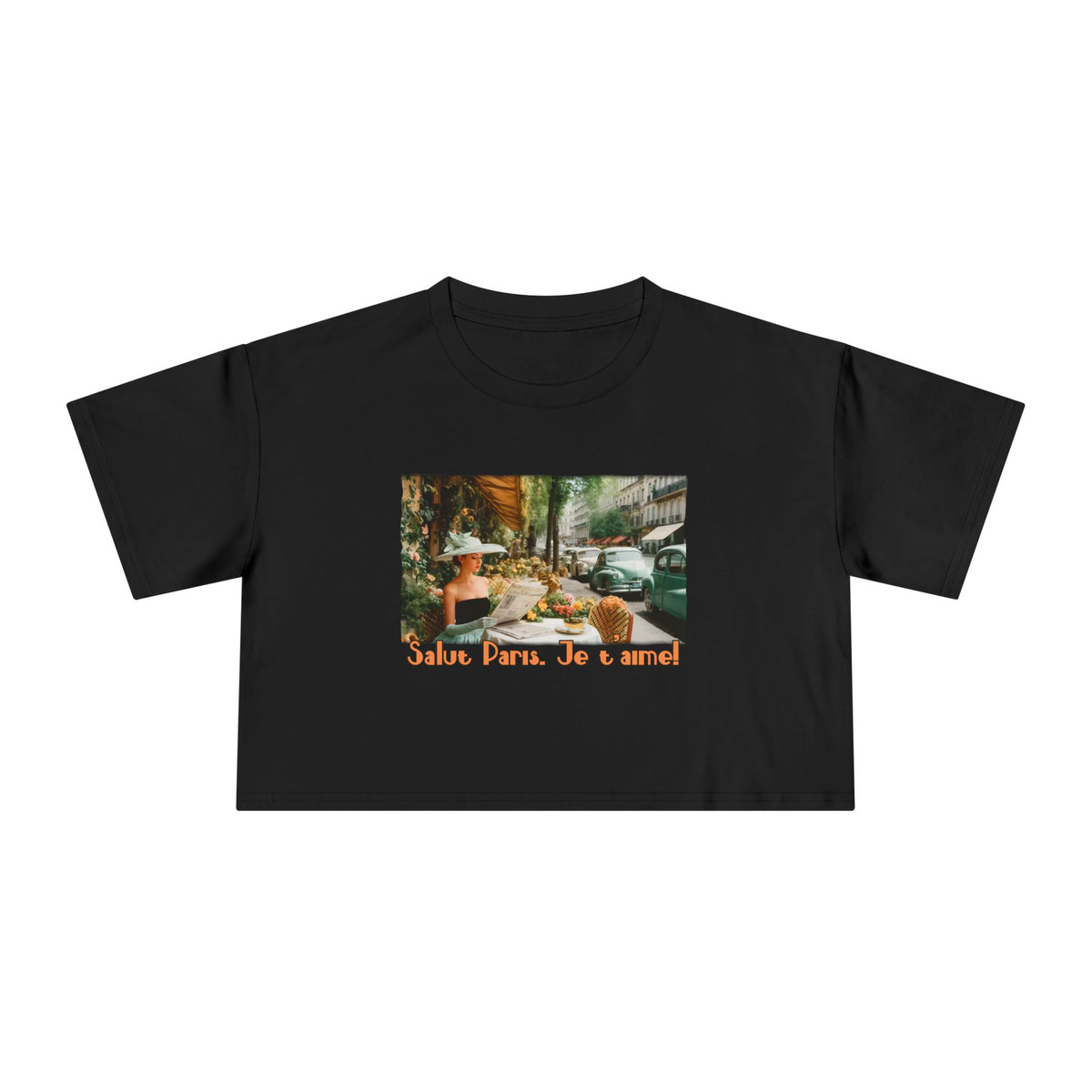T-shirt court Vintage Paris Café – Imprimé d'art « Salut Paris, Je t'aime ».