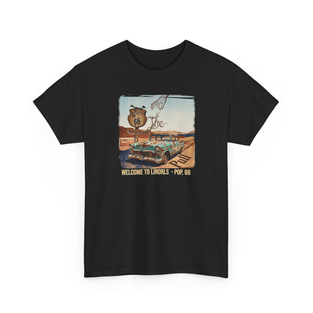 Highway 66 with old car Art print on Unisex Heavy Cotton Tshirt.