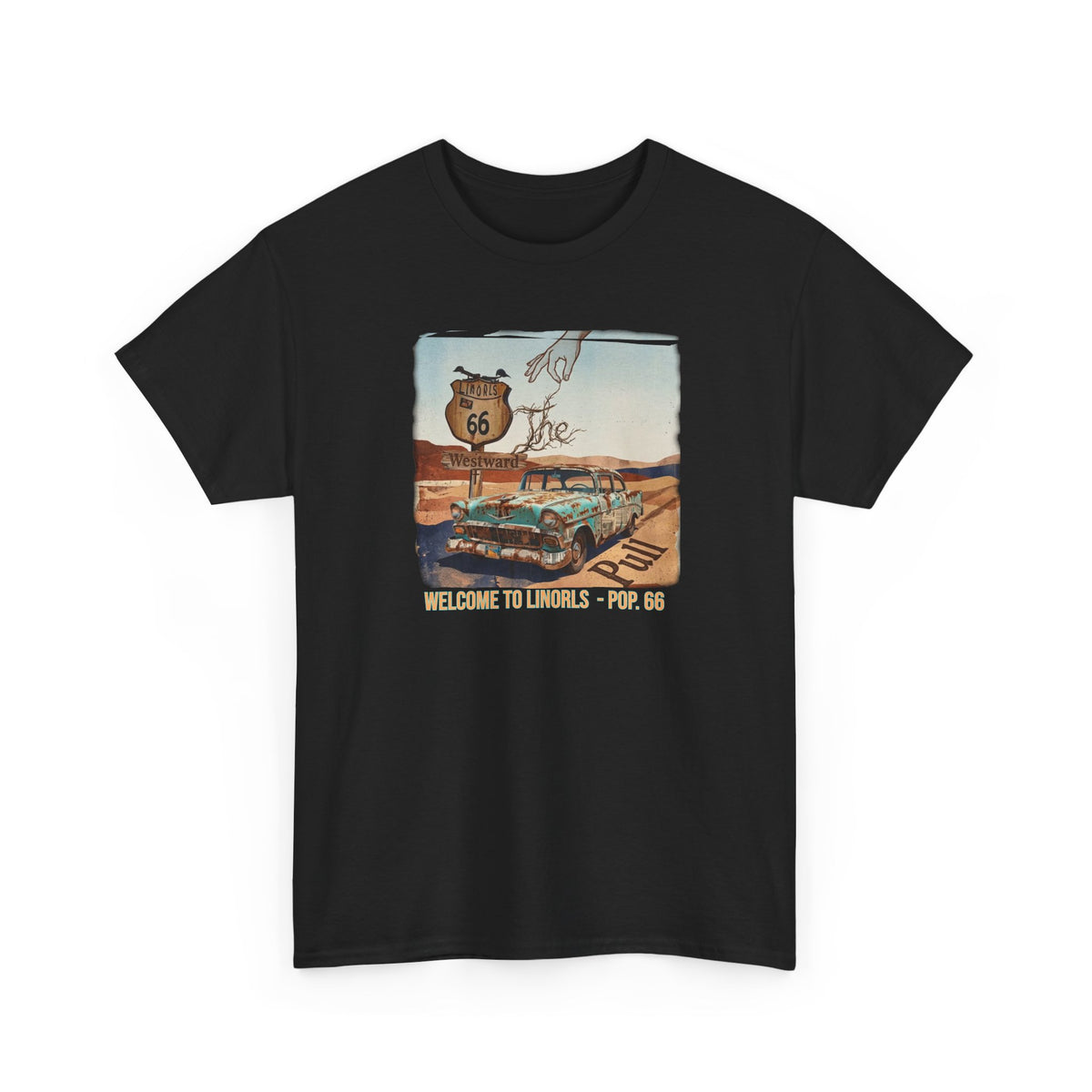 Highway 66 with old car Art print on Unisex Heavy Cotton Tshirt.