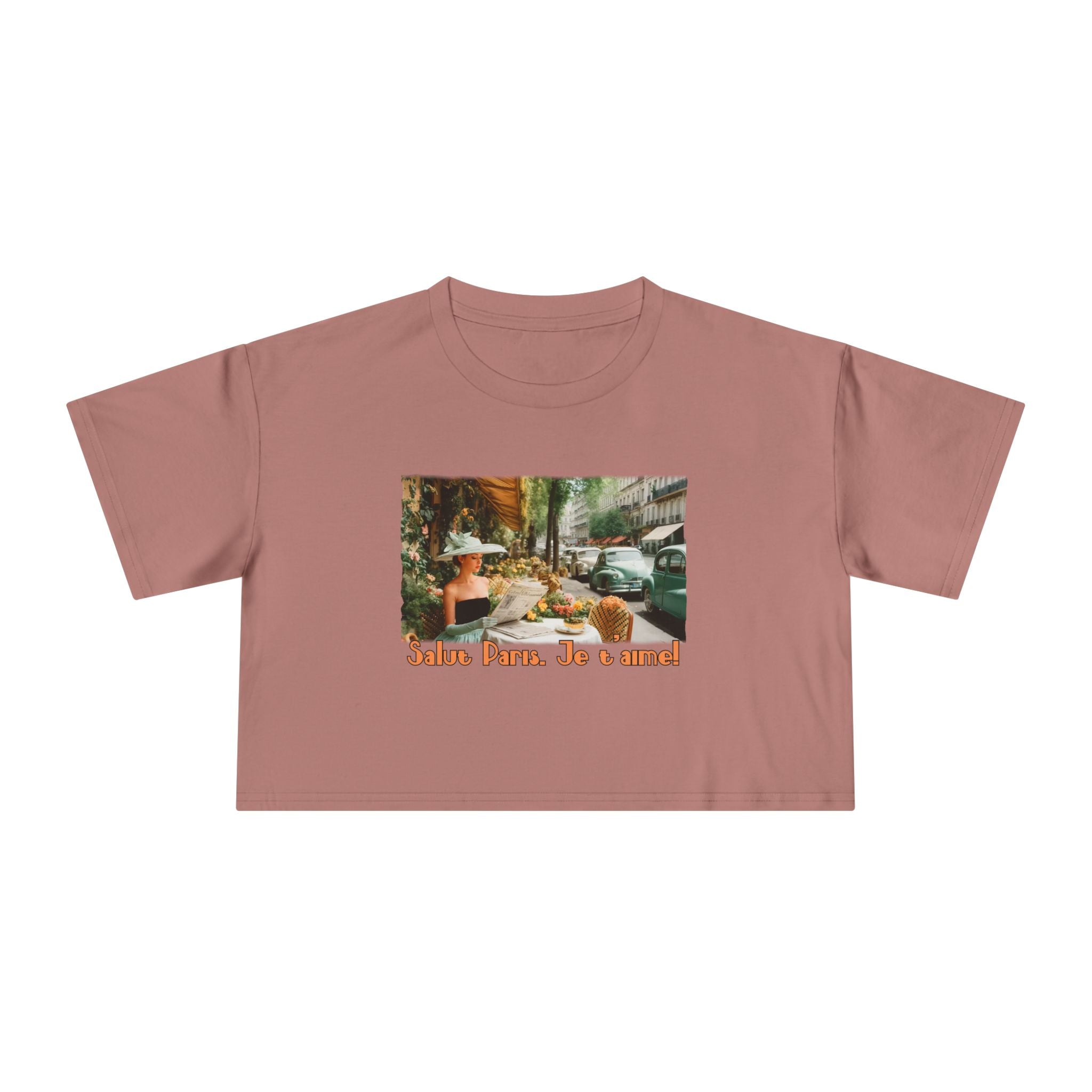 Paris Café Vintage Crop Tee – 'Salut Paris, Je t'aime' Art print.