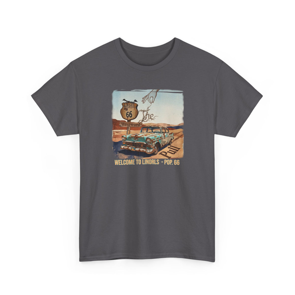 Highway 66 with old car Art print on Unisex Heavy Cotton Tshirt.