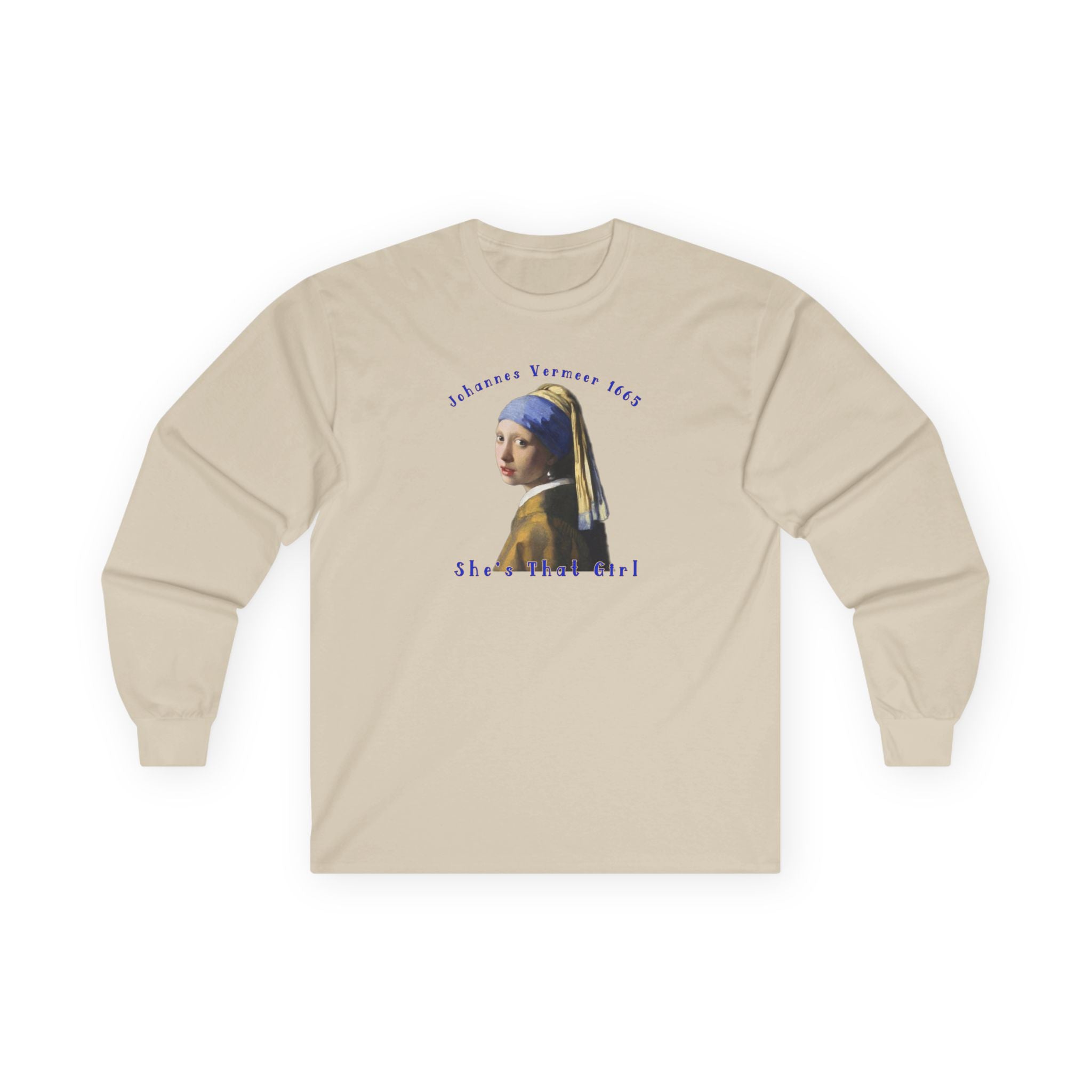 Thick feel cotton, medium weight Long Sleeve Tee — Girl with the pearl Earring Art print.