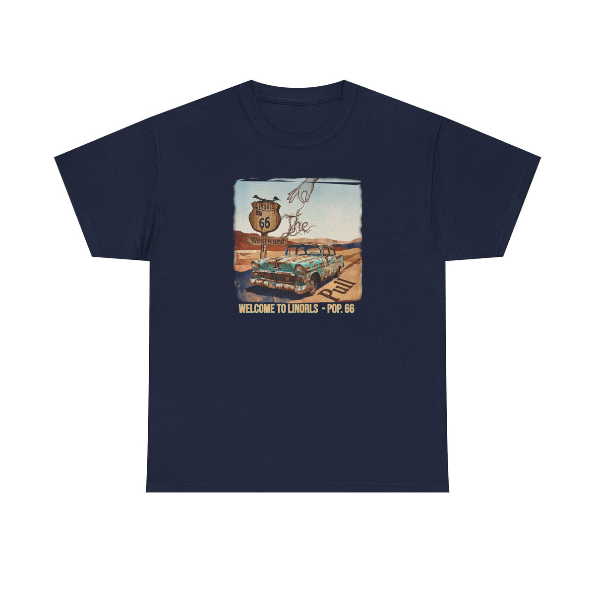 Highway 66 with old car Art print on Unisex Heavy Cotton Tshirt.