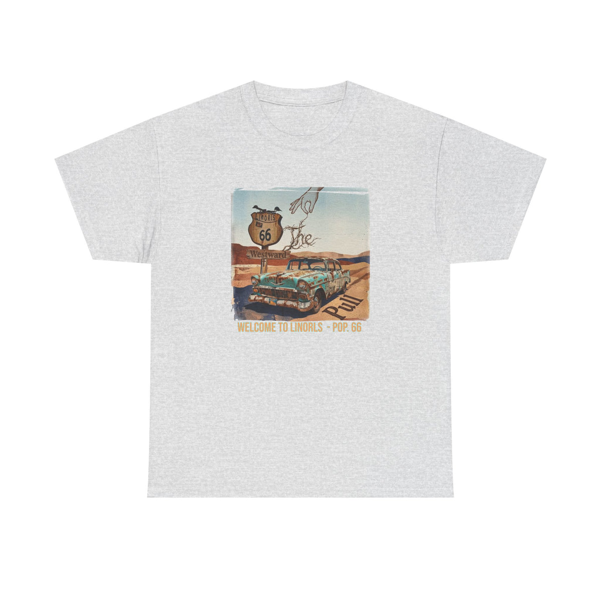 Route 66 Vintage Road Trip T‑Shirt — "Welcome to the Desert - Pop. 66" Art print