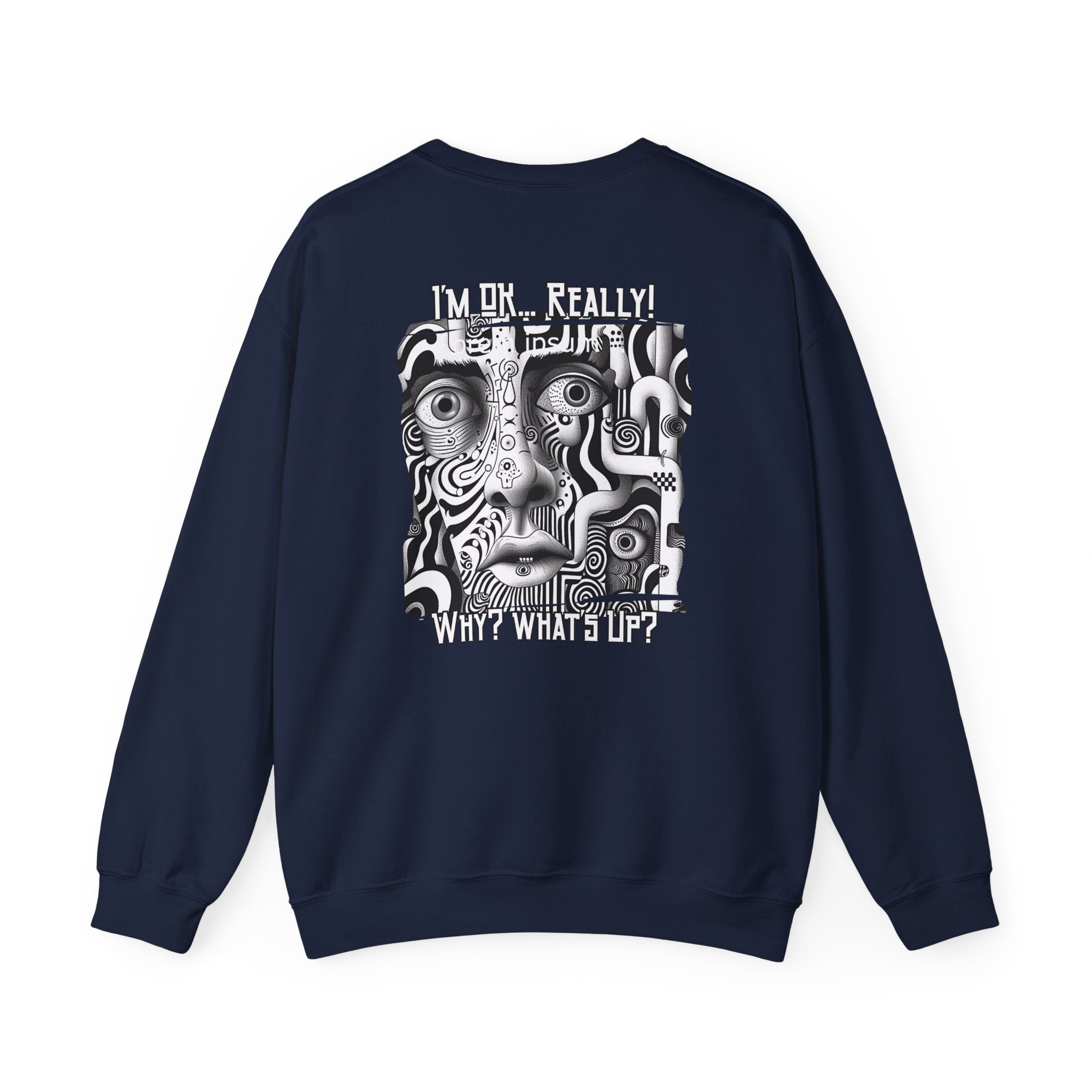 Black and White surreal-abstract face on the back of Crewneck Sweatshirt blend.