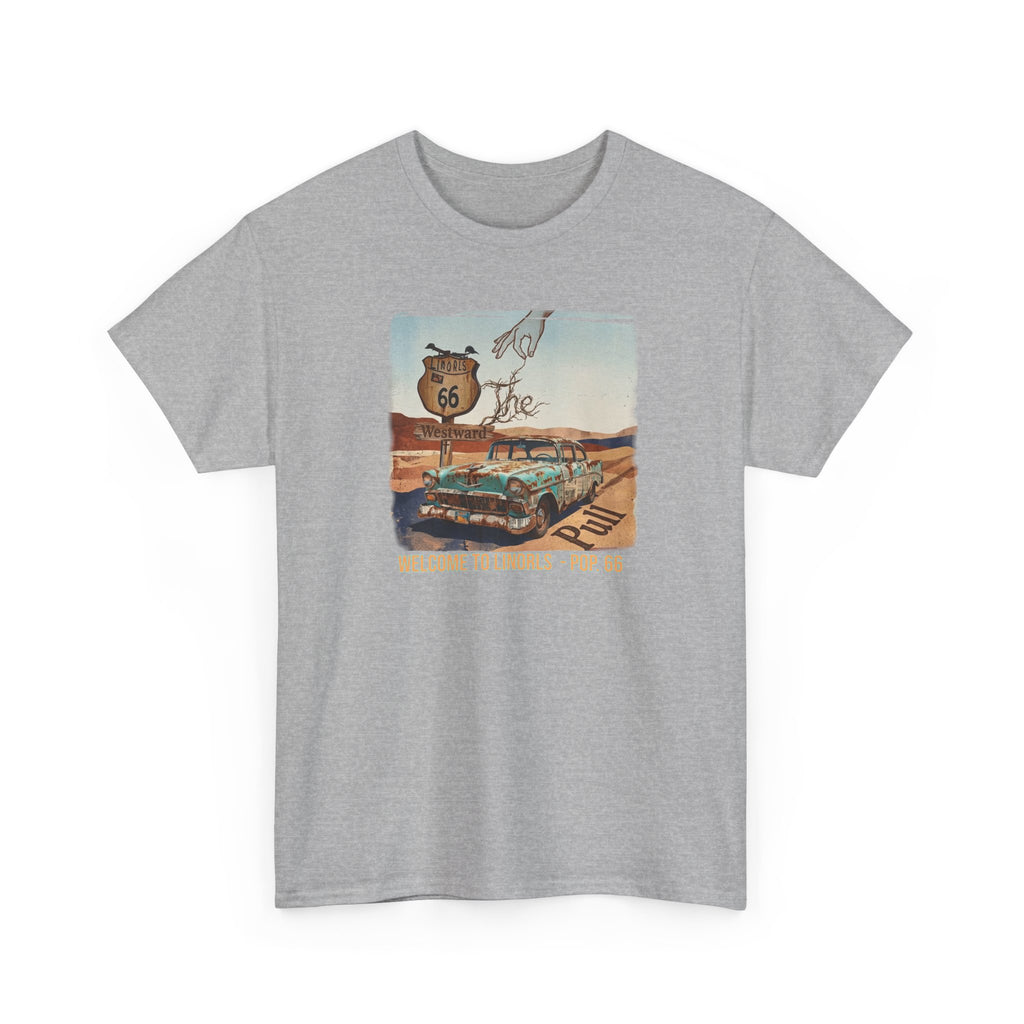 Highway 66 with old car Art print on Unisex Heavy Cotton Tshirt.