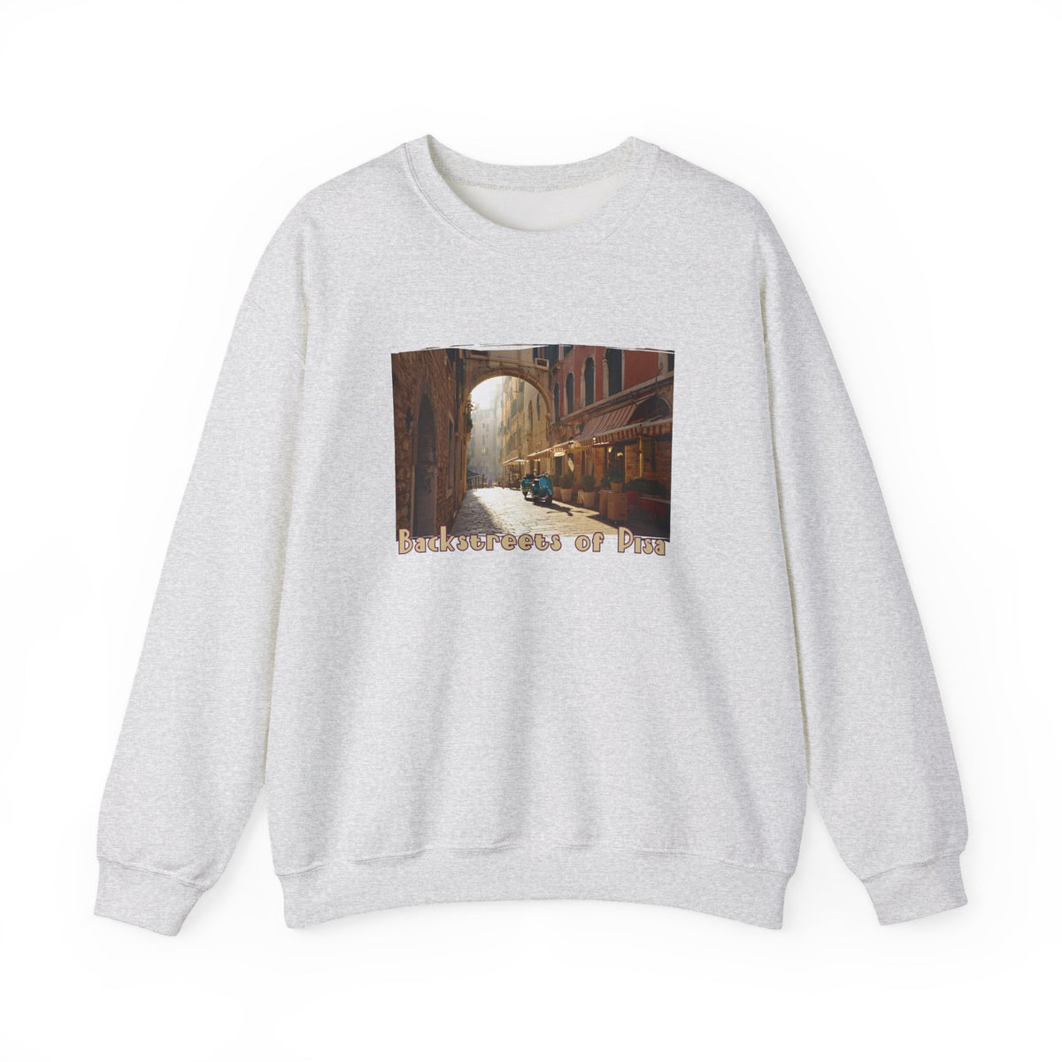 Backstreets of Pisa on Crewneck Sweatshirt — 50/50 blend  makes easy care .Tuscany Ar print