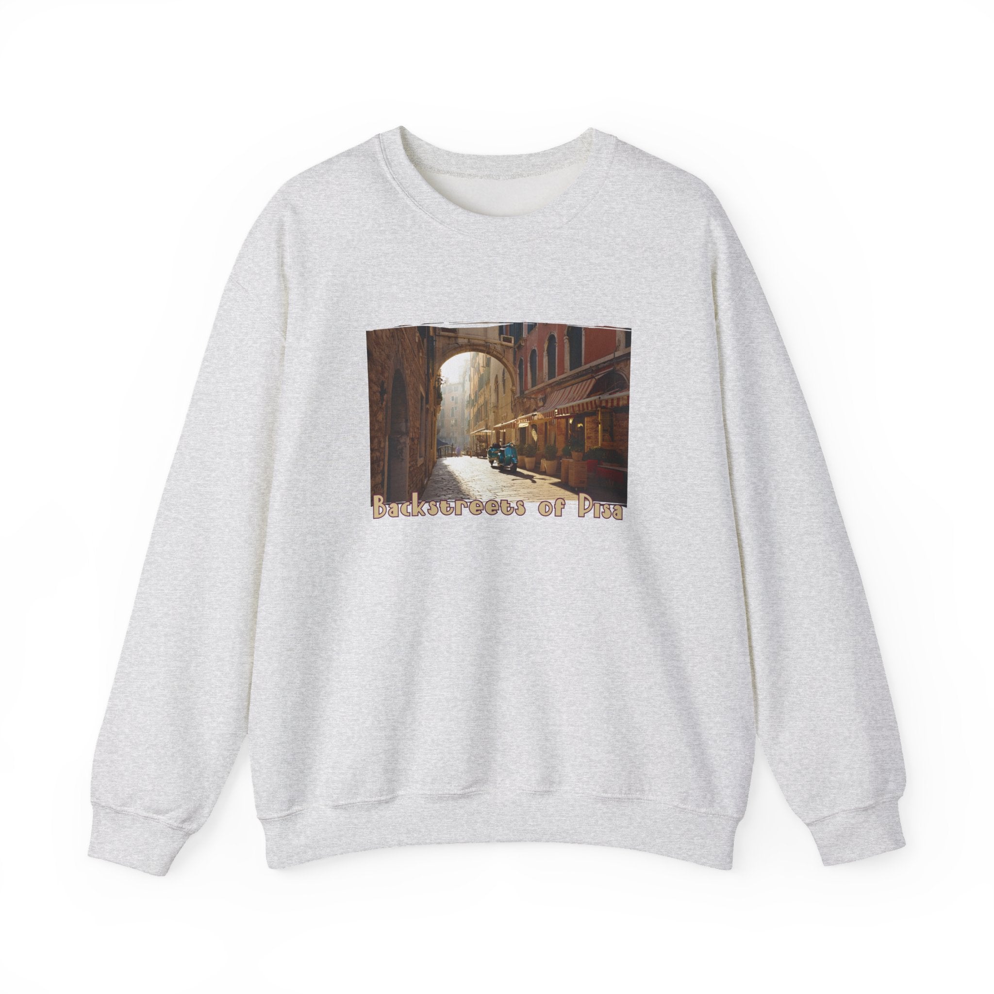 Backstreets of Pisa on Crewneck Sweatshirt — 50/50 blend  makes easy care .Tuscany Ar print