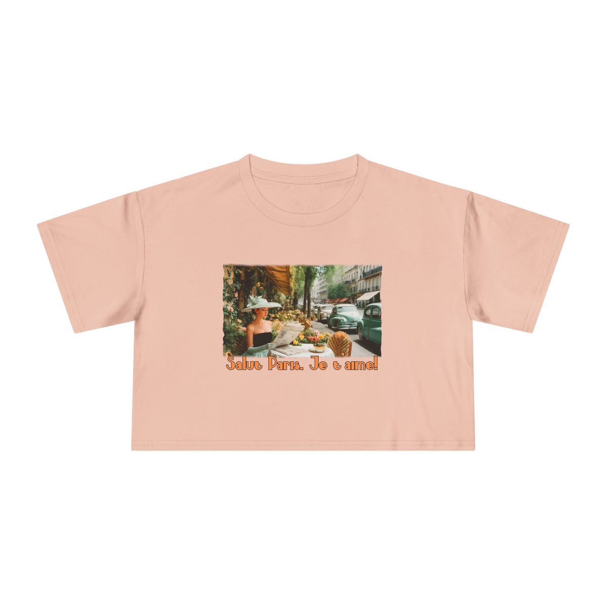 T-shirt court Vintage Paris Café – Imprimé d'art « Salut Paris, Je t'aime ».