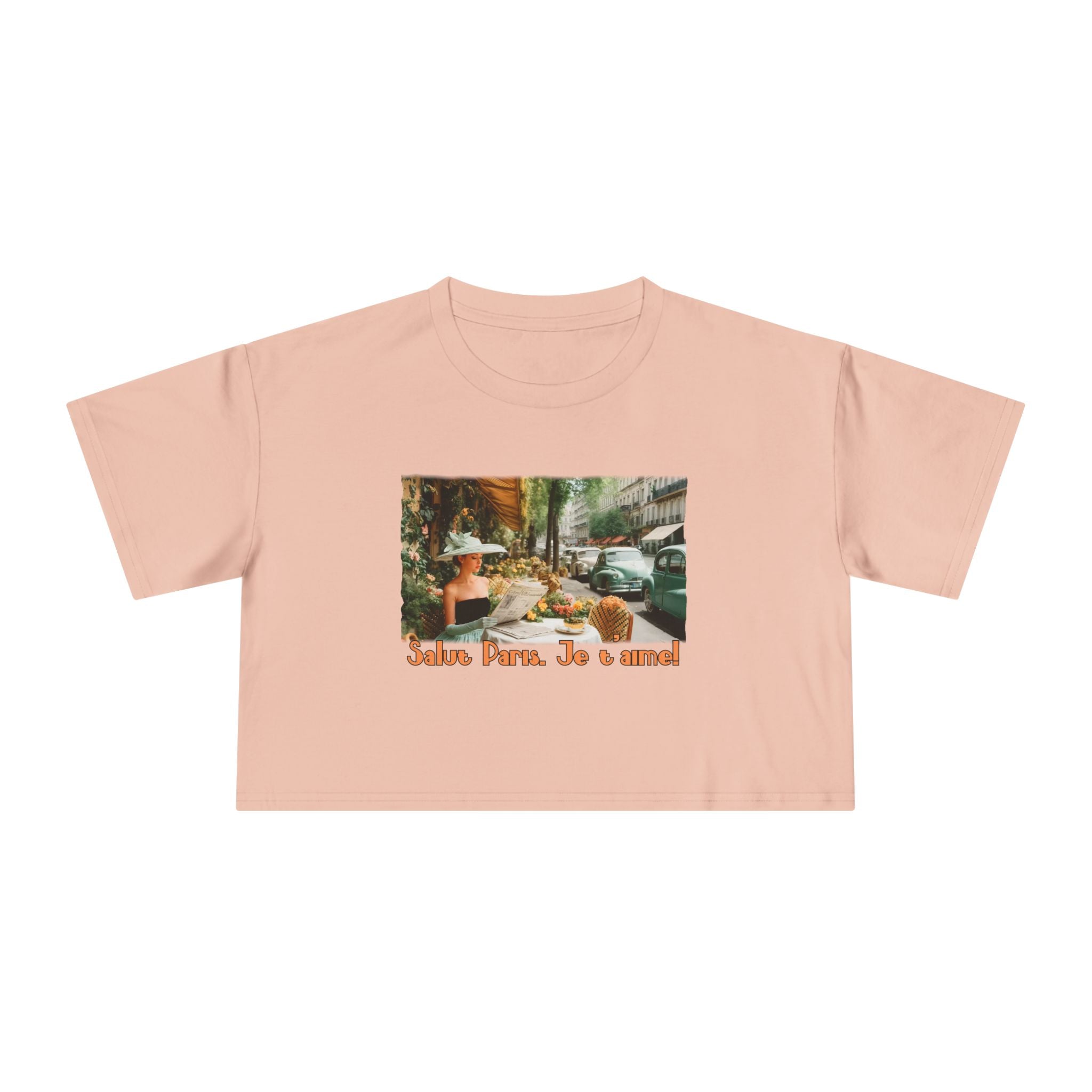 Paris Café Vintage Crop Tee – 'Salut Paris, Je t'aime' Art print.
